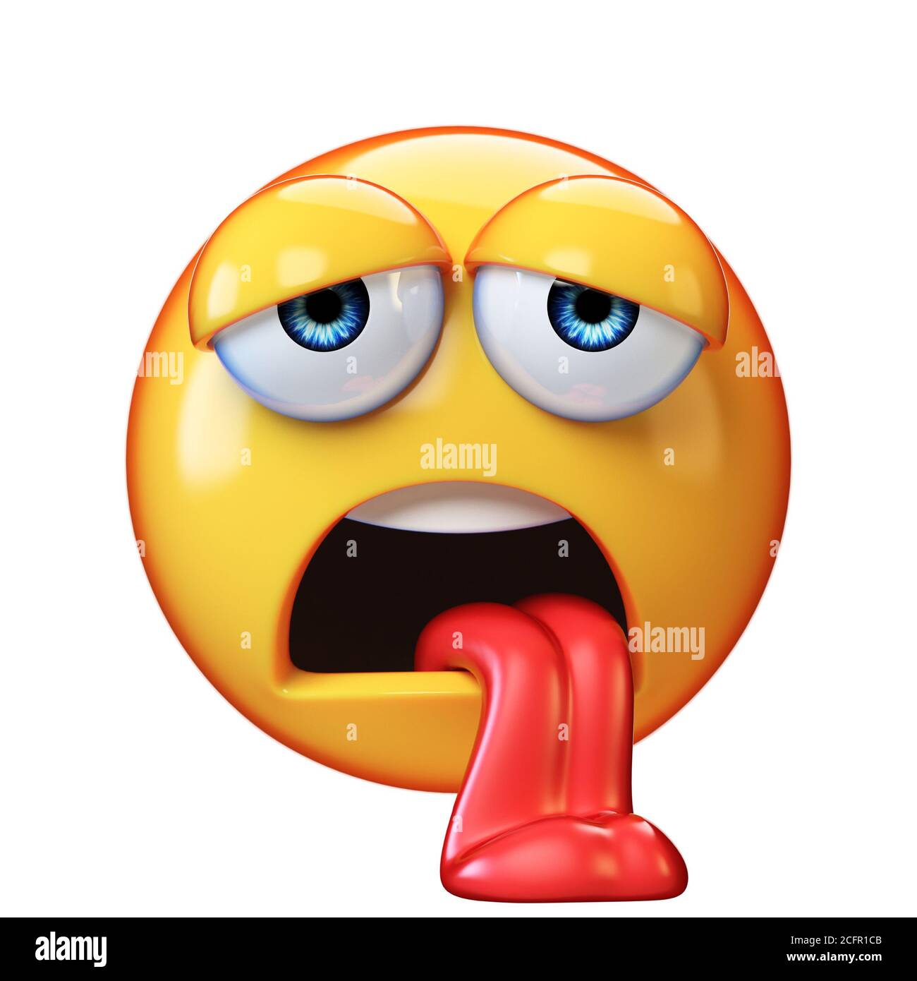 Erschöpfte Emoji isoliert auf weißem Hintergrund, müde Emoticon 3d-Rendering Stockfoto