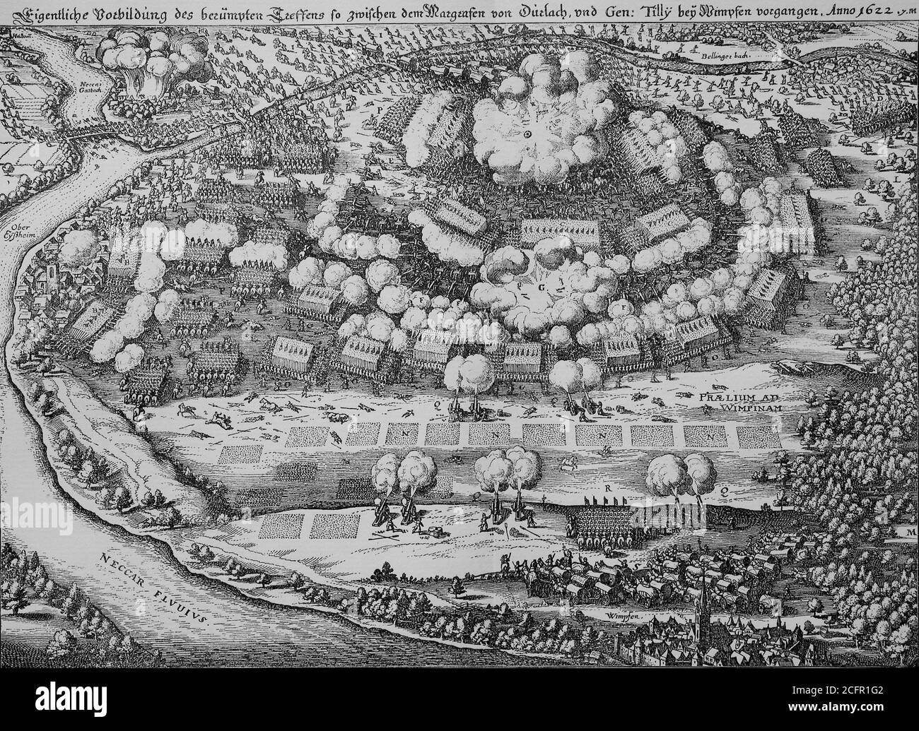 Die Schlacht von Wimpfen am 6. Mai 1622 war eine wichtige Schlacht in der ersten Phase des Dreißigjährigen Krieges, dem Böhmisch-Palatin-Krieg. Sie wurde zwischen Wimpfen, Biberach, Obereisesheim und Untereisesheim geschlagen und endete mit dem Sieg der katholischen, bayerischen und spanischen Truppen unter Tilly und Córdoba / die Schlacht bei Wimpfen am 6. Mai 1622 war eine bedeutende Schlacht in der ersten Phase des dreißigjährigen Krieges, dem Böhmischen-Pfälzischen Krieg. Sie wurde zwischen Wimpfen, Obereisesheim und Untereisesheim geschrieben und endet mit dem Sieg der katholischen, bayerischen und spanischen Stockfoto