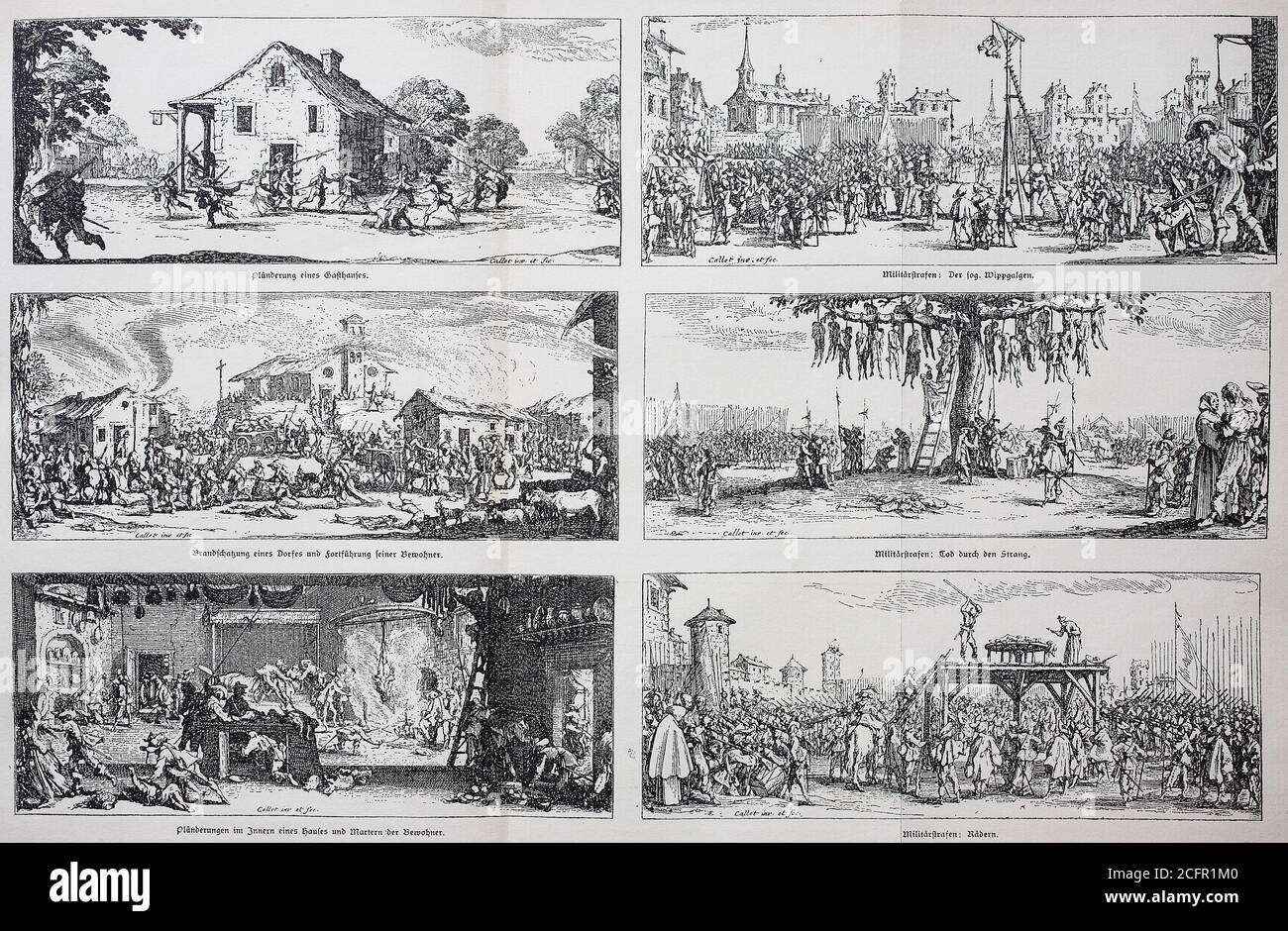 Die Übel des Krieges: Plünderung eines Gästehauses, Bestrafung von Wippgalgen, Brandstiftung, Tod durch Erhängen, Plünderung und Folterung, Räder, 1633 / die Übel des Krieges: Plünderung eines Gasthauses, Strafe des Wippgalgen, Brandschatzung, Tod durch den Strang, Plünderung und Marterung, Rädern, 1633, Historisch, historisch, digital verbesserte Reproduktion eines Originals aus dem 19. Jahrhundert / digitale Reproduktion einer Originalvorlage aus dem 19ten Jahrhundert. Jahrhundert, Stockfoto