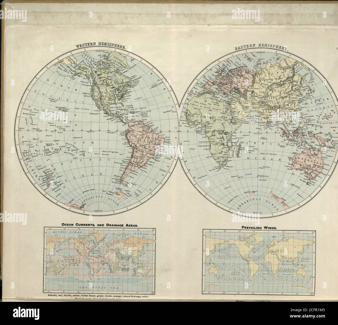 Sandycove Atlas Platten 2, 2A und 2B: Die Welt in Hemisphären, Meeresströmungen und Entwässerungsgebiete, vorherrschende Winde Stockfoto