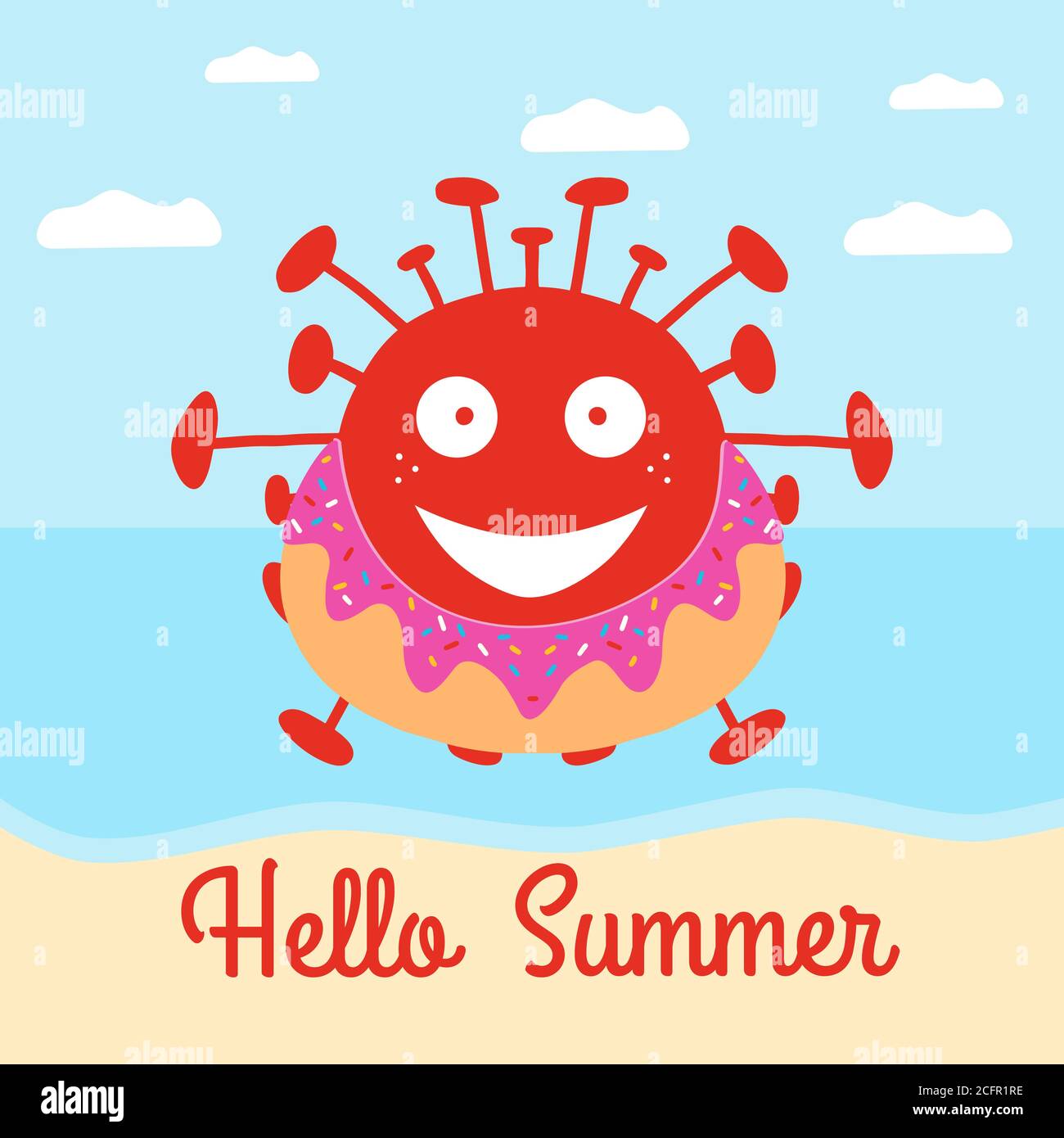 Hallo Sommer. Red Cartoon Coronavirus Bakterien in Donut Schwimmkreis am Strand. Vektorgrafik. Stock Vektor