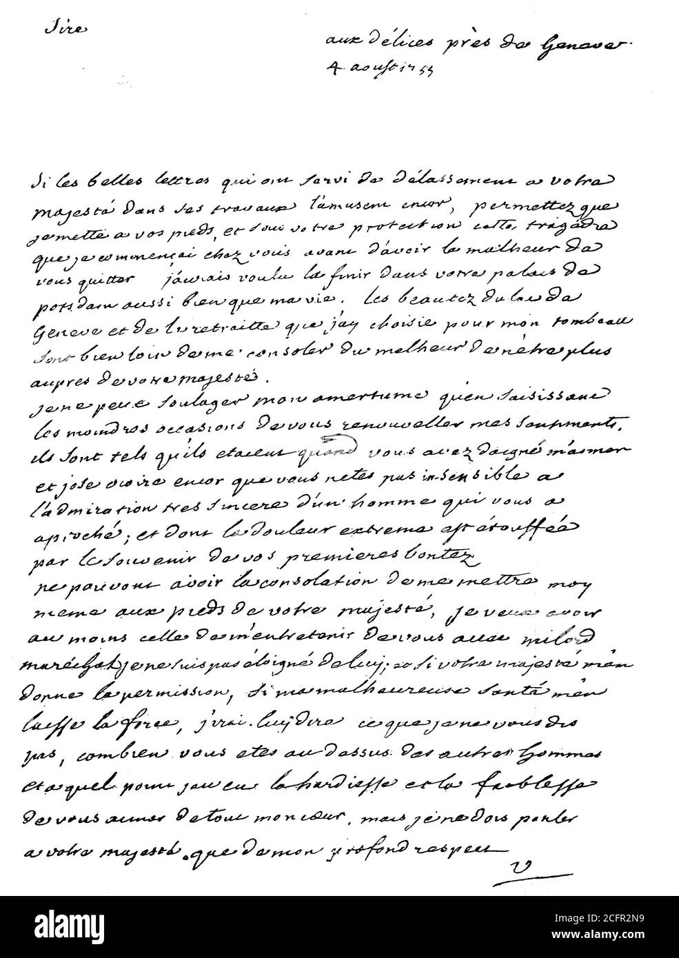 Brief von Voltaire 7. August 1755 Friedrich der große / Brief von Voltaire vom 7. August 1755 an Friedrich der Großen, Historisch, historisch, digital verbesserte Reproduktion eines Originals aus dem 19. Jahrhundert / digitale Reproduktion einer Originalvorlage aus dem 19ten Jahrhundert. Jahrhundert, Stockfoto