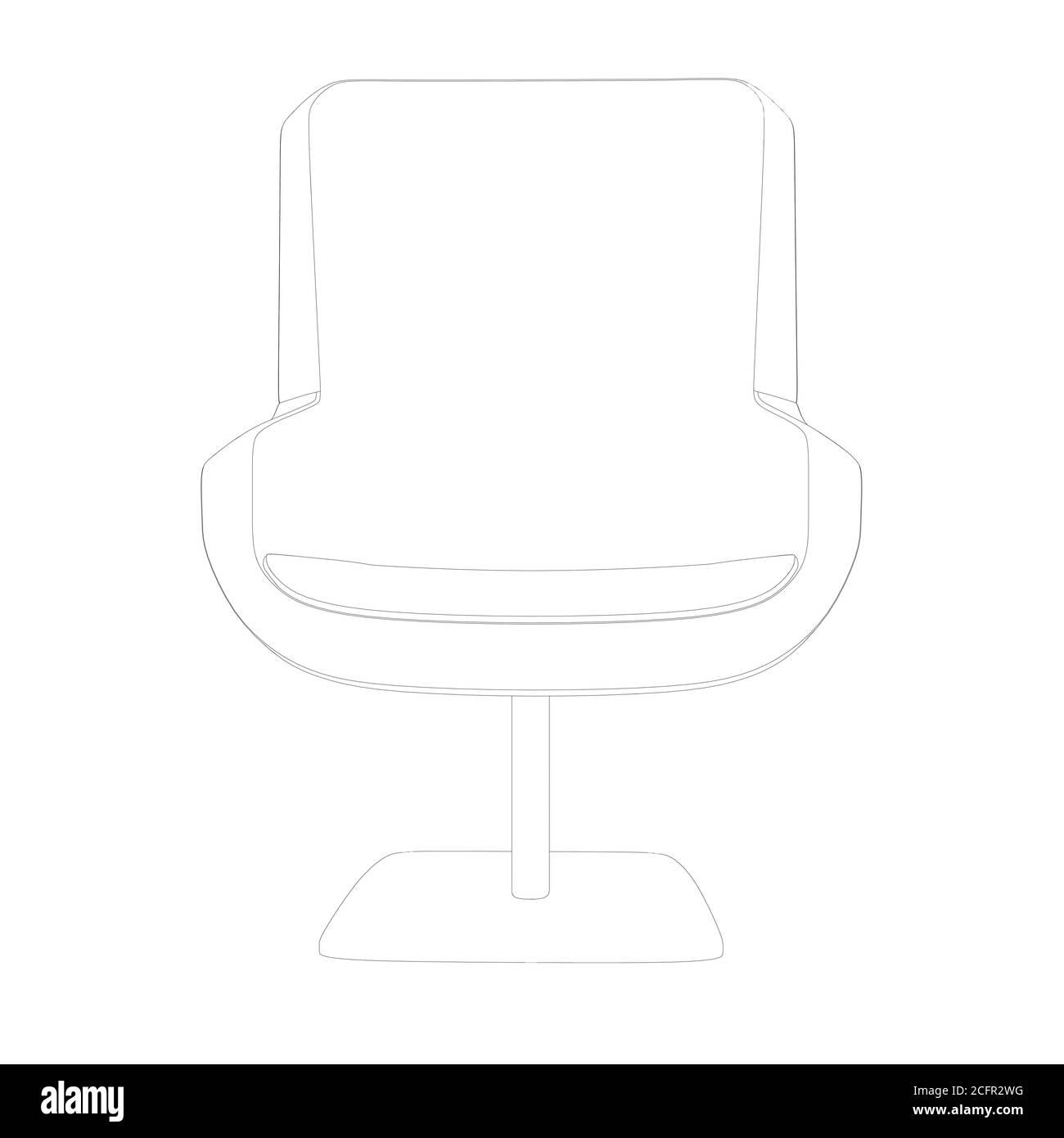 Kontur eines bequemen Stuhls aus schwarzen Linien isoliert auf weißem Hintergrund. Vorderansicht. Vektorgrafik Stock Vektor