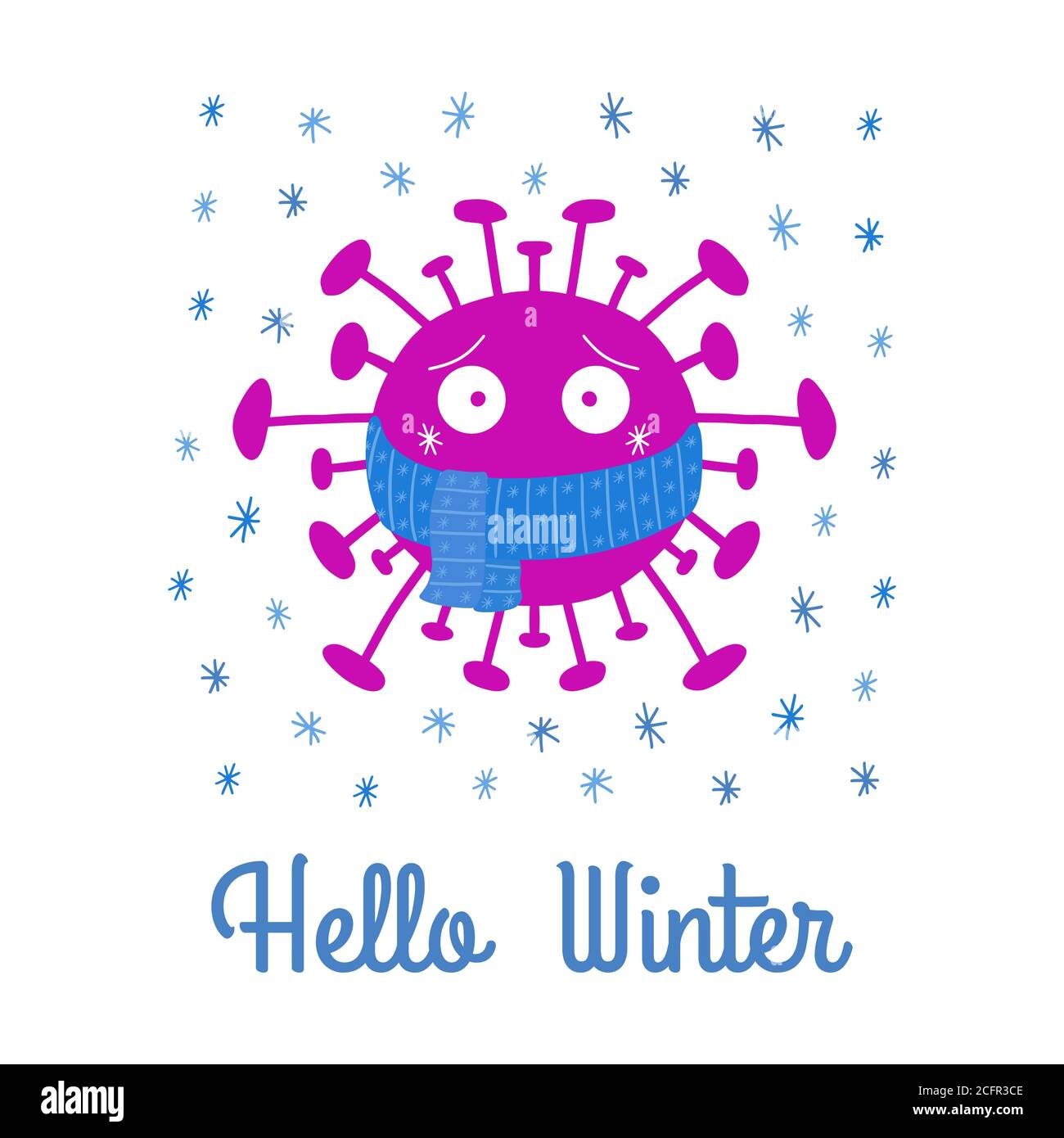 Hallo Winter. Cartoon Coronavirus Bakterien in blauen Schal mit Schneeflocken. Isoliert auf weißem Hintergrund. Vektorgrafik. Stock Vektor