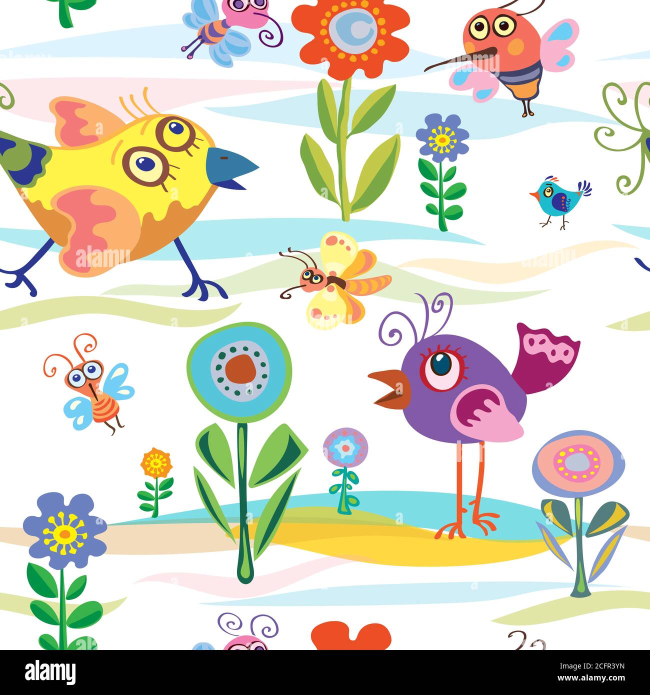 Vogel, wenig, Sommer, Frühling, Vektor, Muster, nahtlos, stilisiert, konventionalisiert, Wildblume, Stimmung, blau, dekorativ, ornamental, Bäume, Locken, Flügel Stock Vektor