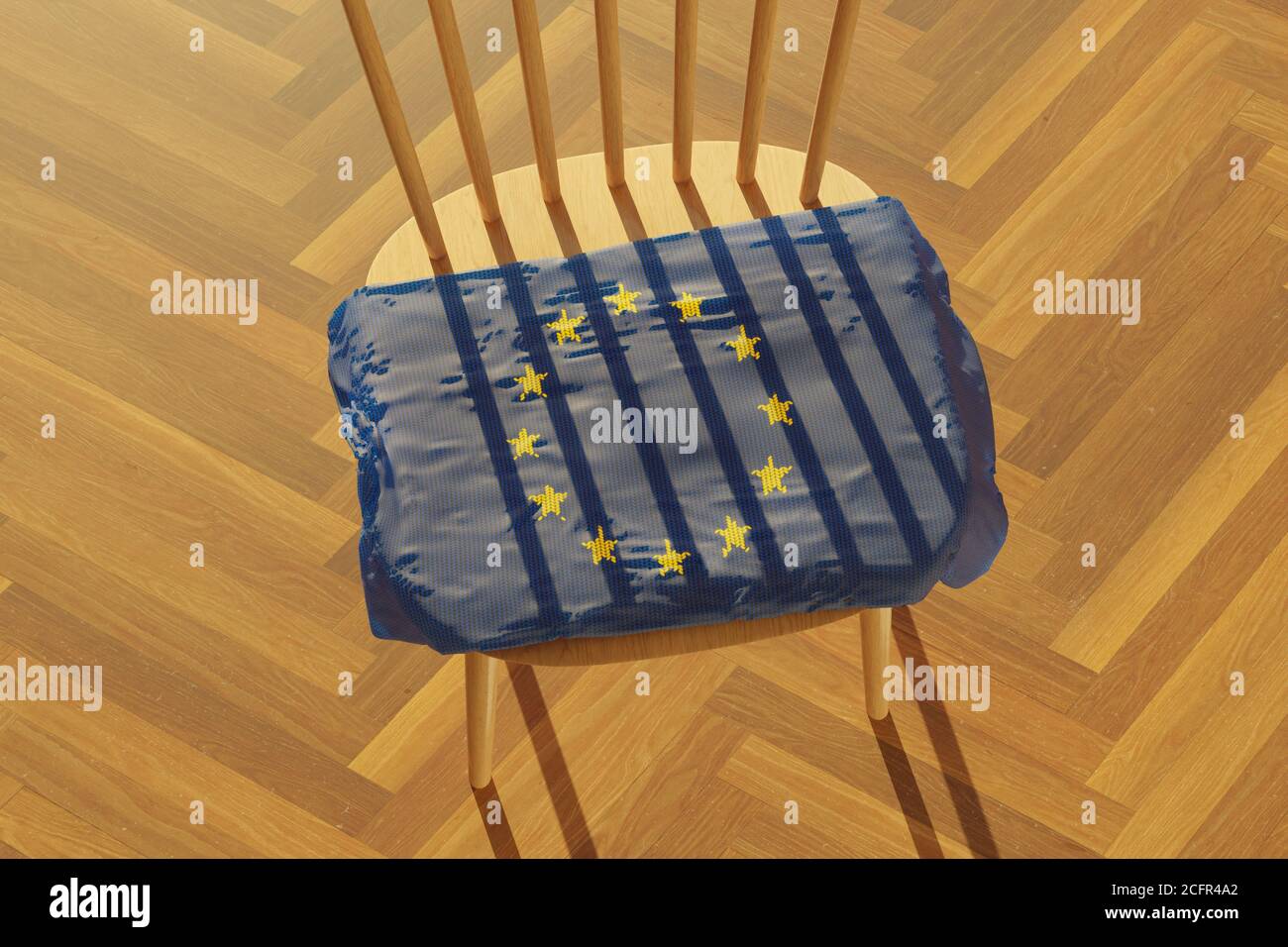 3d-Darstellung einer gestrickten europäischen Flagge, die einen Holzstuhl bedeckt Die Schatten in Form von Rungen werfen Stockfoto