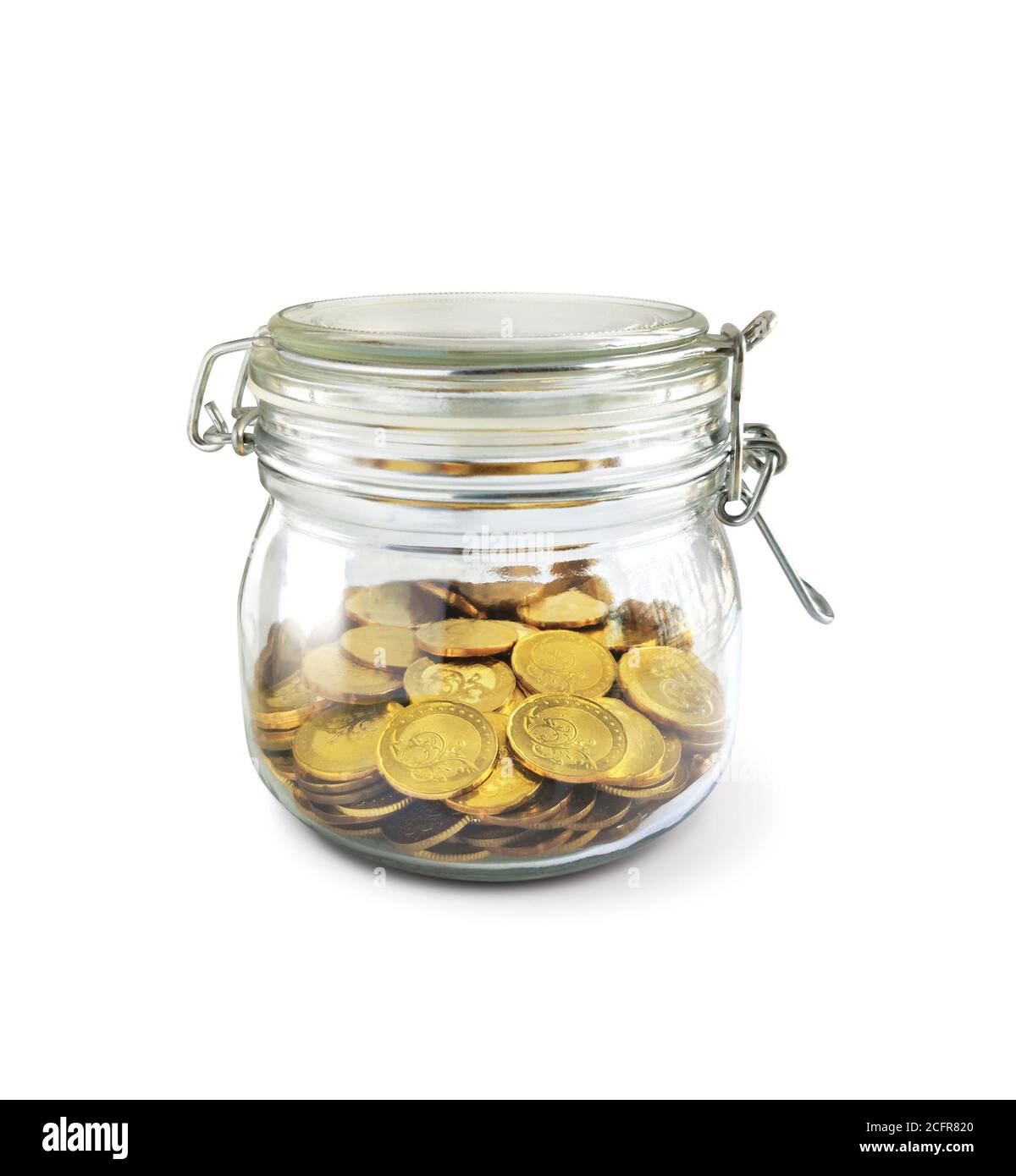 Flasche goldene Münzen für Sparungs- und Bankfinanzierungskonzept Stockfoto
