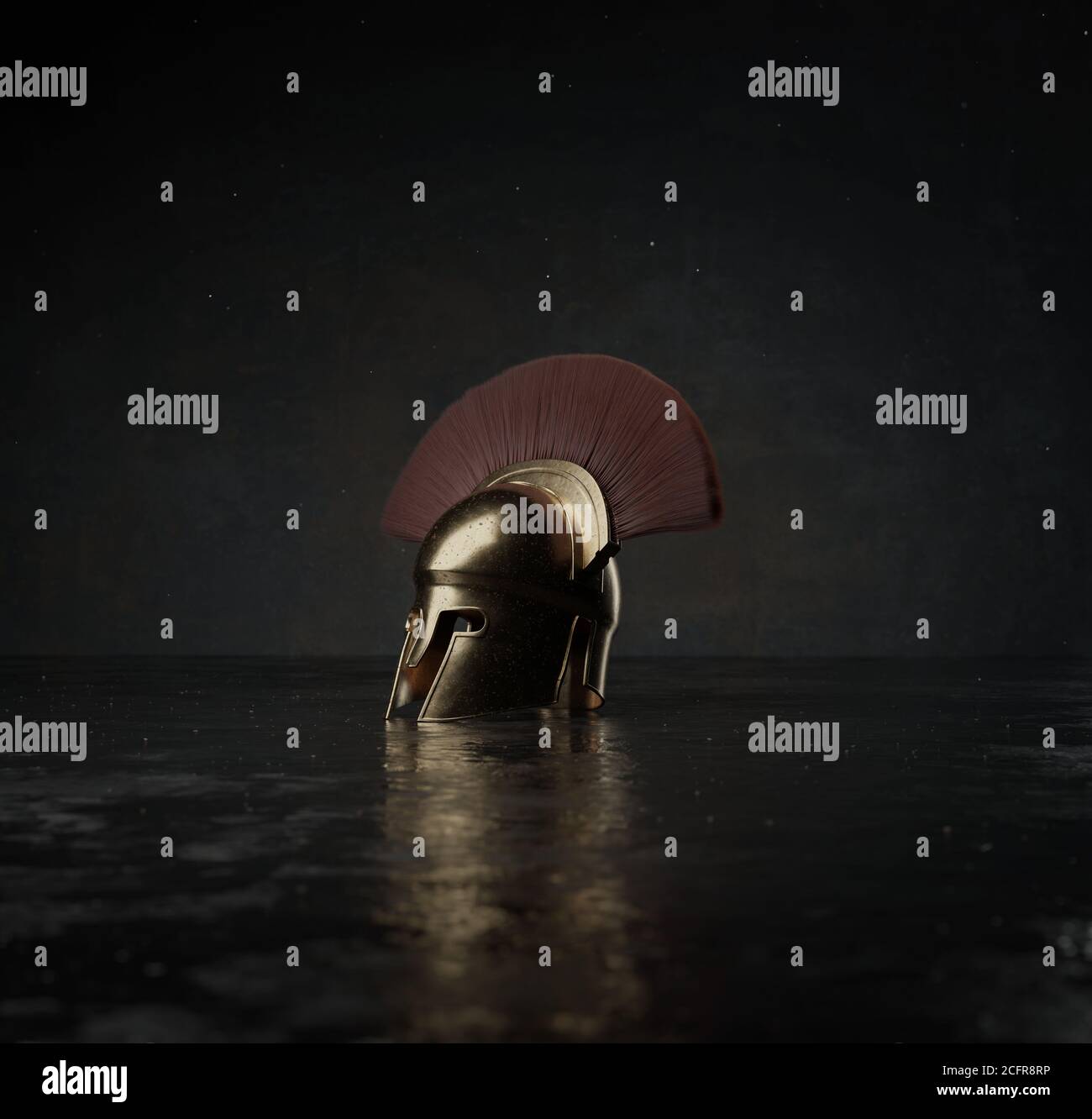 3d-Rendering des antiken griechischen Sparta-Typ Helm auf Reflexionsfläche gelegt Stockfoto