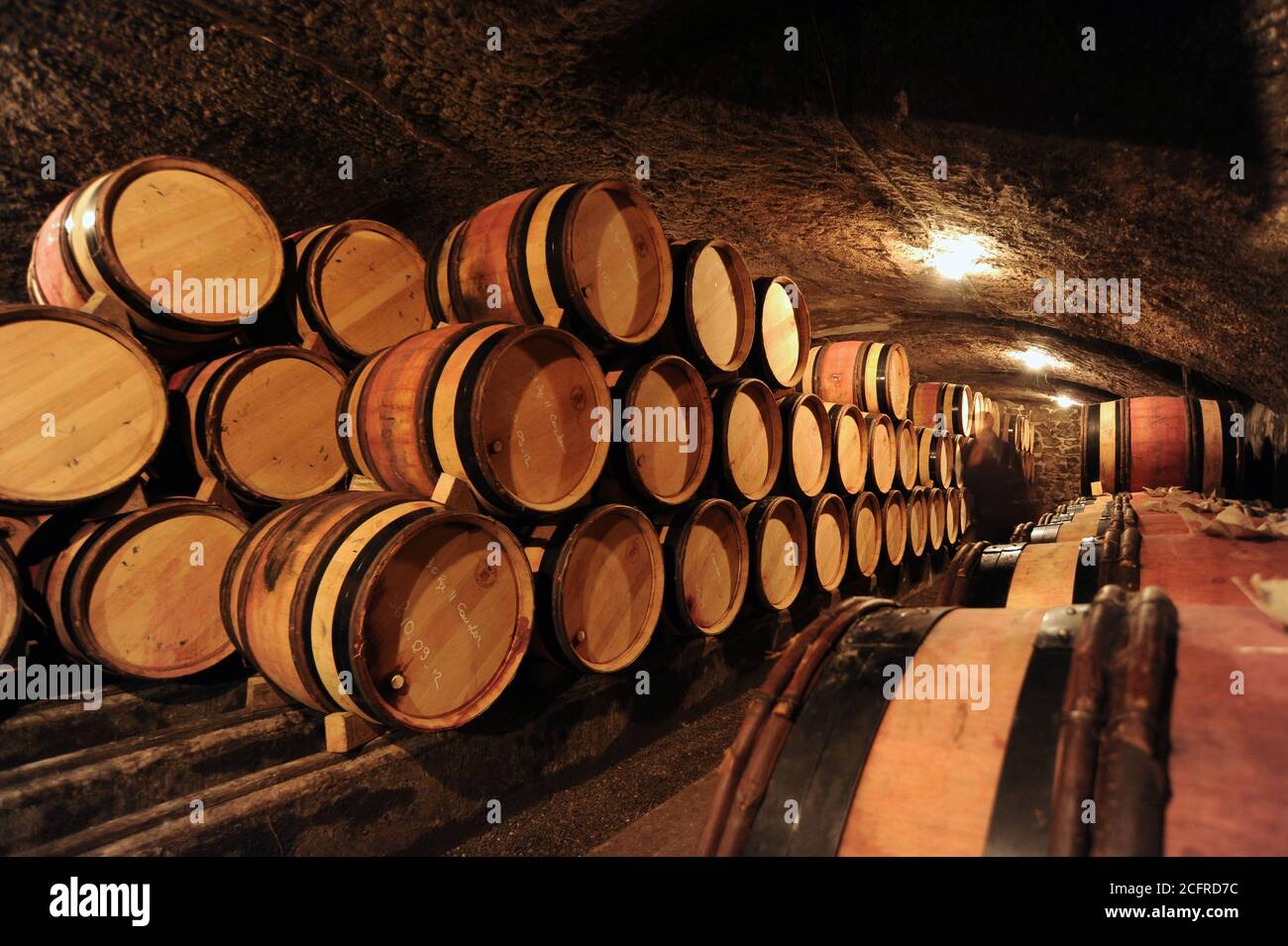 Ampuis (Südostfrankreich). Reihen von Fässern in den Kellern des Guigal Weinanbaugutes. Stockfoto
