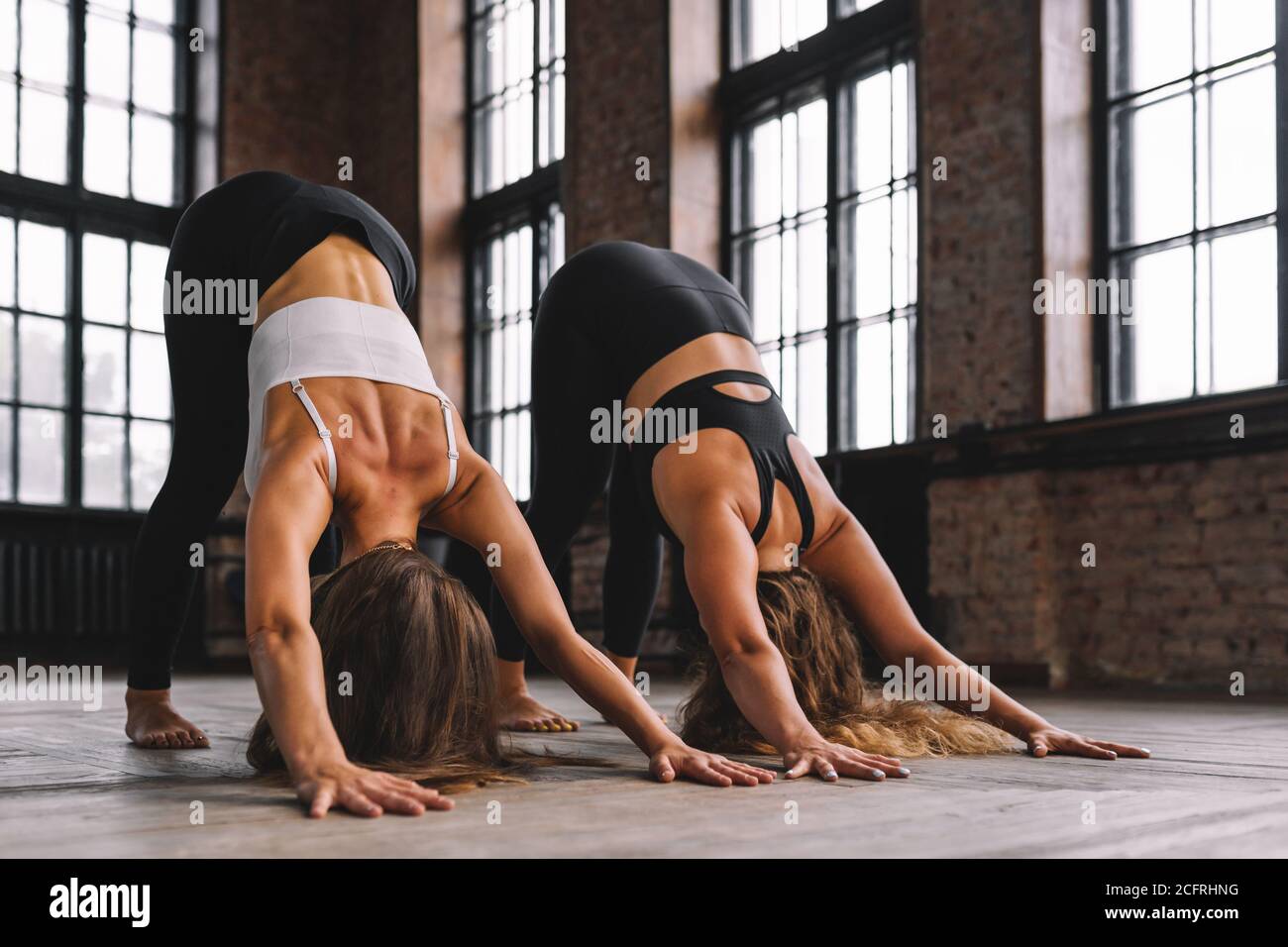 Zwei junge Frauen machen komplexe Dehnungsyoga Asanas in Loft-Stil-Klasse. Adho Mukha Svanasana - nach unten Hund Pose. Stockfoto