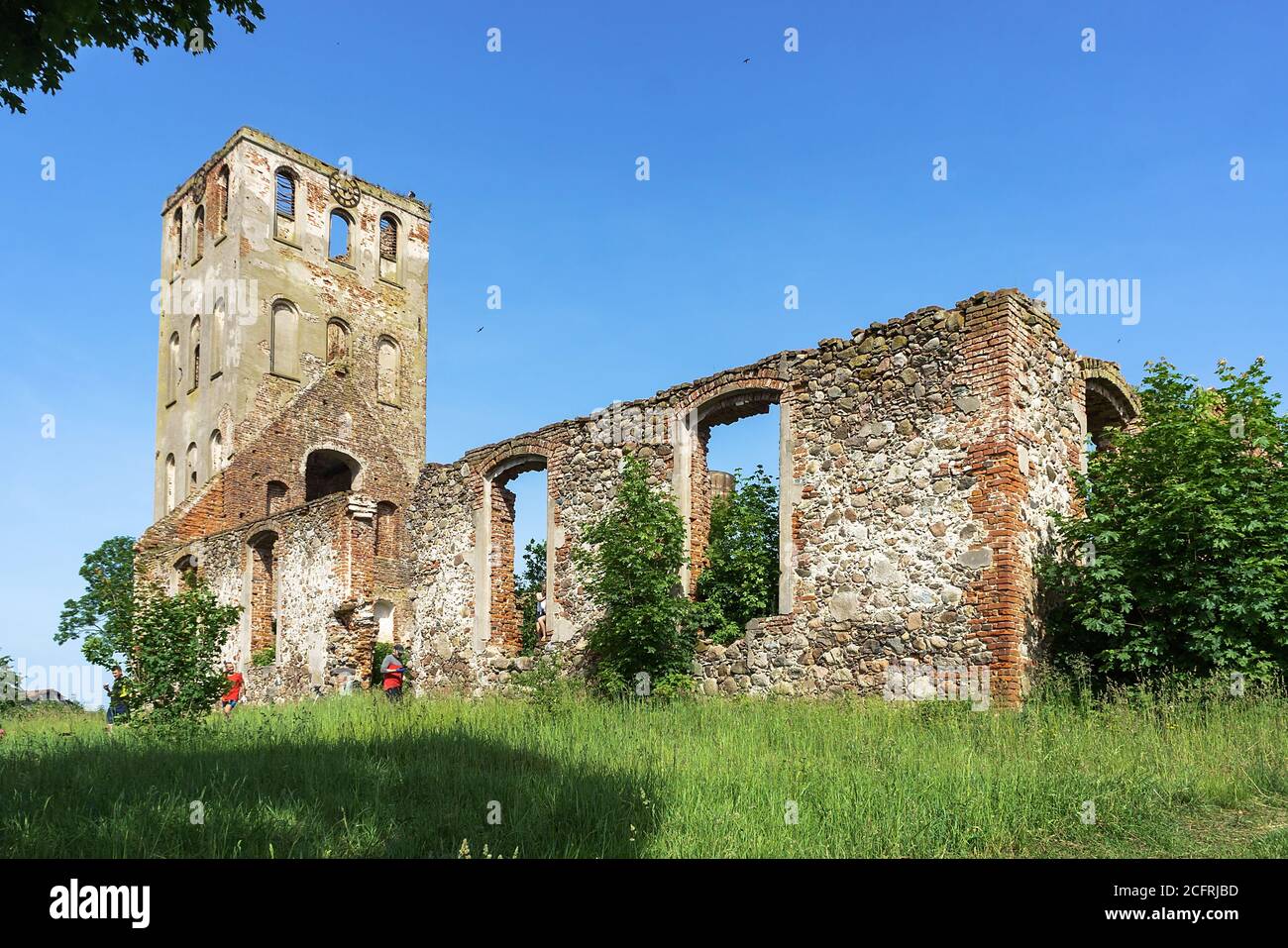 Ruinen der preußischen Kirche, Steinkirche in Joneykischken, Russland, Kaliningrad, Slavsky Bezirk, Dorf Timirjasewo, 12. Juni 2020 Stockfoto