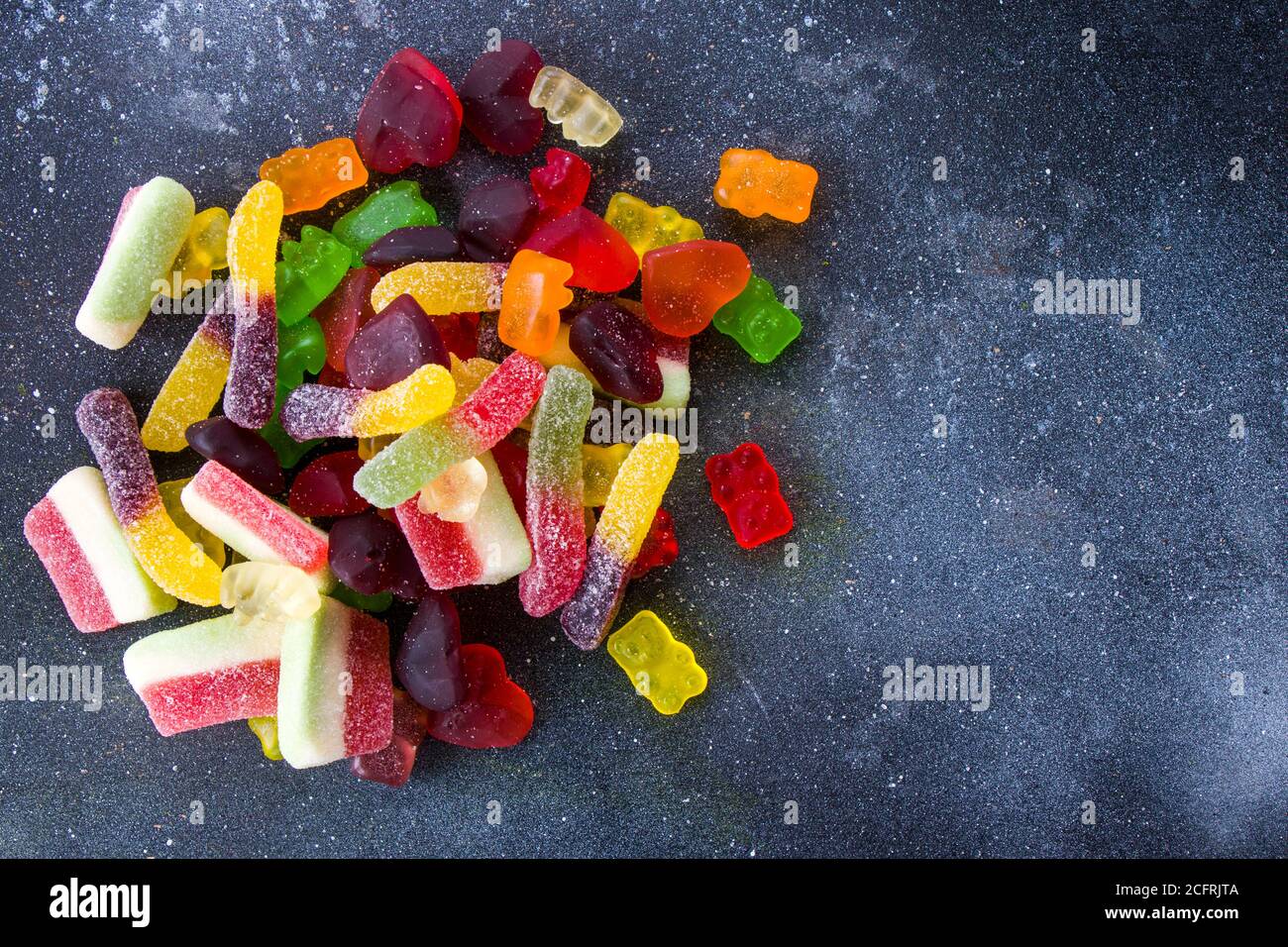 Gemischte Gelee Marmelade, High-Angle-Ansicht des Geschmacks süßen Snack, bunte Süßigkeiten Stockfoto