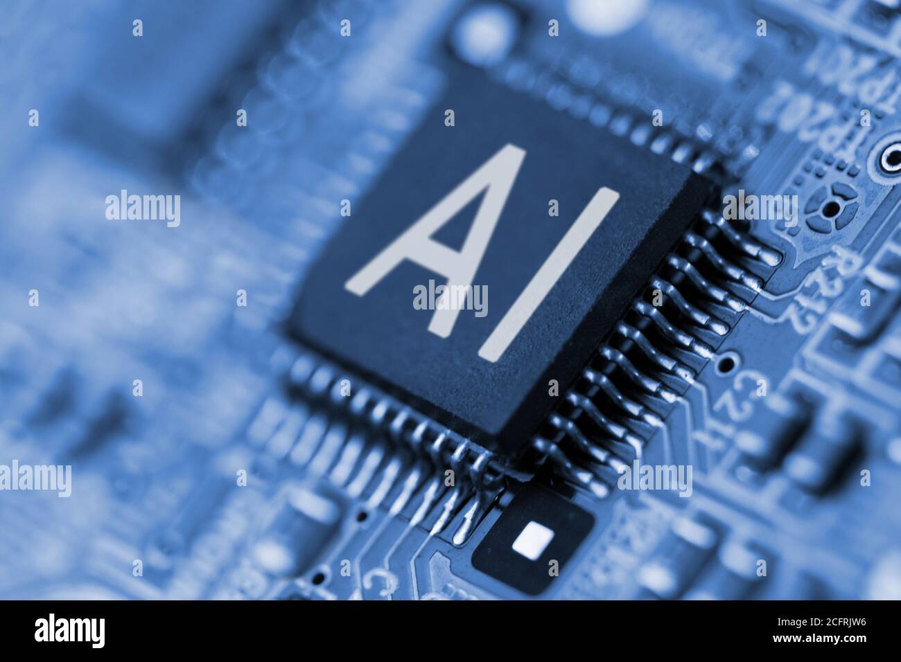 Nahaufnahme des Computerchips mit AI-Zeichen. Künstliche Intelligenz. Stockfoto