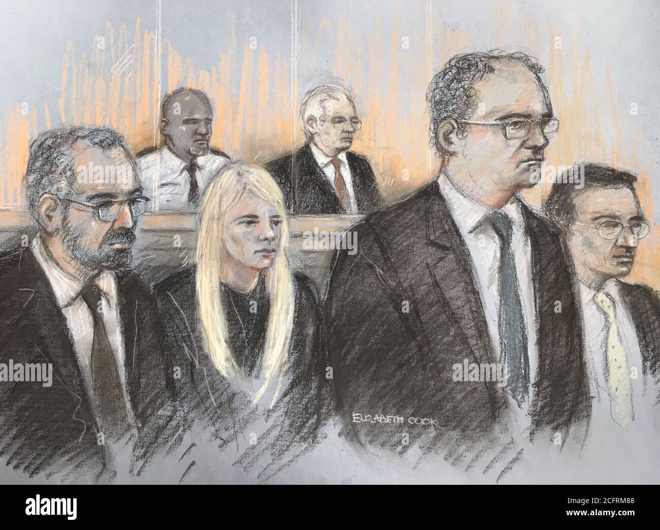 Court Artist Sketch von Elizabeth Cook von Julian Assange (Mitte hinten), der im Old Bailey, London, während einer Anhörung im Kampf des Wikileaks-Gründers gegen die Auslieferung in die USA, mit (von vorne links nach rechts) Anwälten für die US James Lewis QC und Clair Dobbin, Und Assanges Anwälte Edward Fitzgerald QC und Mark Summers QC. Stockfoto