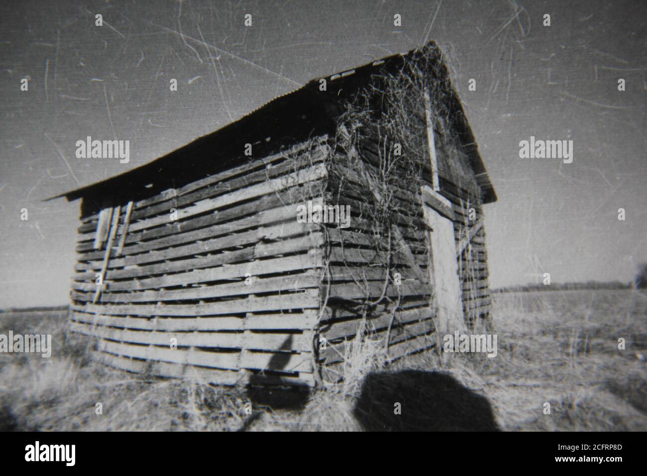 Feine 70er Jahre Vintage Schwarz-Weiß-Fotografie einer alten verwitterten und zerschlagene Hütte, die auf den Feldern steht. Stockfoto