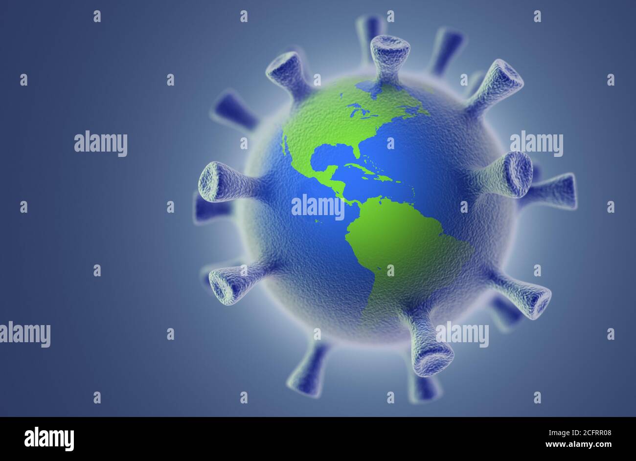 Die Ausbreitung des Virus auf dem Planeten. Collage aus 3d-Virus und 3d-Globus. Corona-Virus-Konzept. Stockfoto