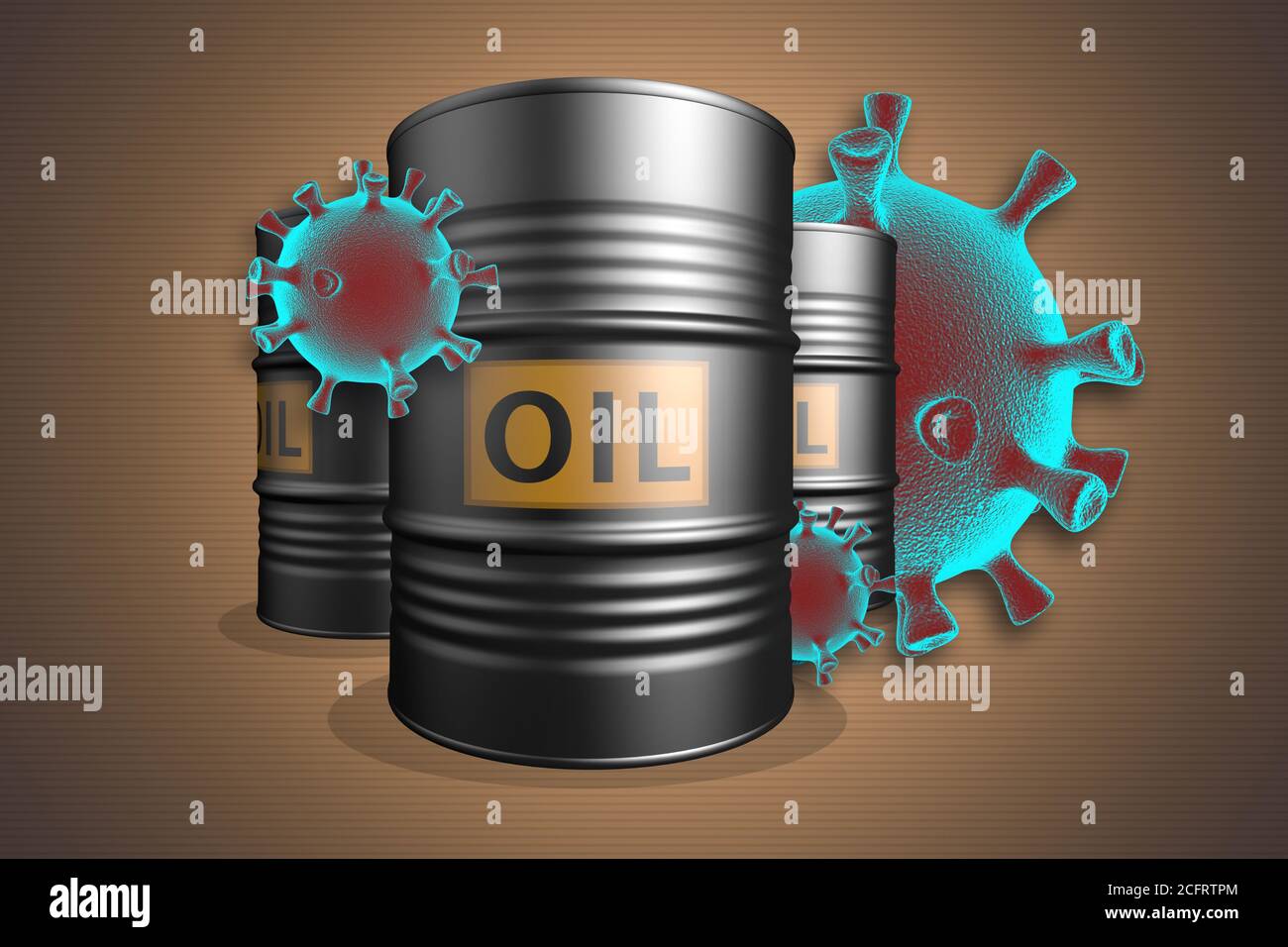 Rückgang der Ölpreise aufgrund von COVID-19. Drei Ölfässer mit Zellen des Coronavirus. 3D-Rendering. Stockfoto