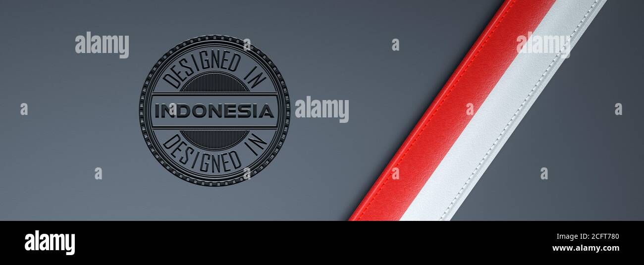 Designed in Indonesia Stempel & indonesische Flagge. Stockfoto