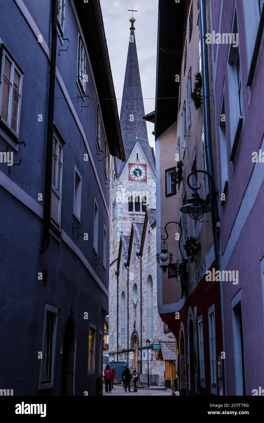 Hallstatt, Österreich - 4. März 2017: Blick auf die Evangelische Kirche in Hallstatt, Österreich Stockfoto