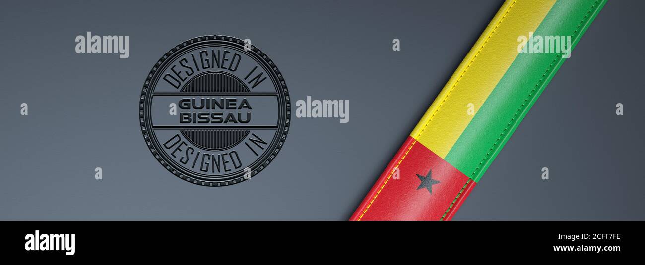 Designed in Guinea Bissau Stempel & guineische Flagge. Stockfoto