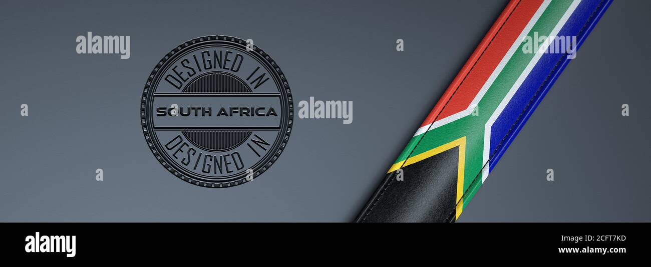 Designed in Südafrika Stempel & südafrikanische Flagge. Stockfoto