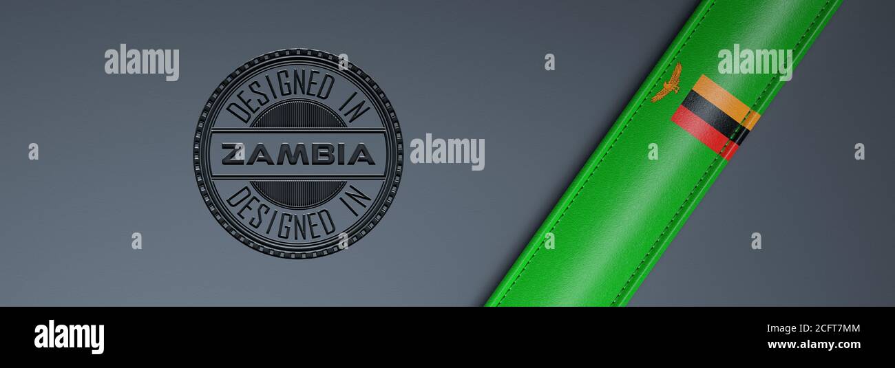 Designed in Sambia Stempel & sambische Flagge. Stockfoto