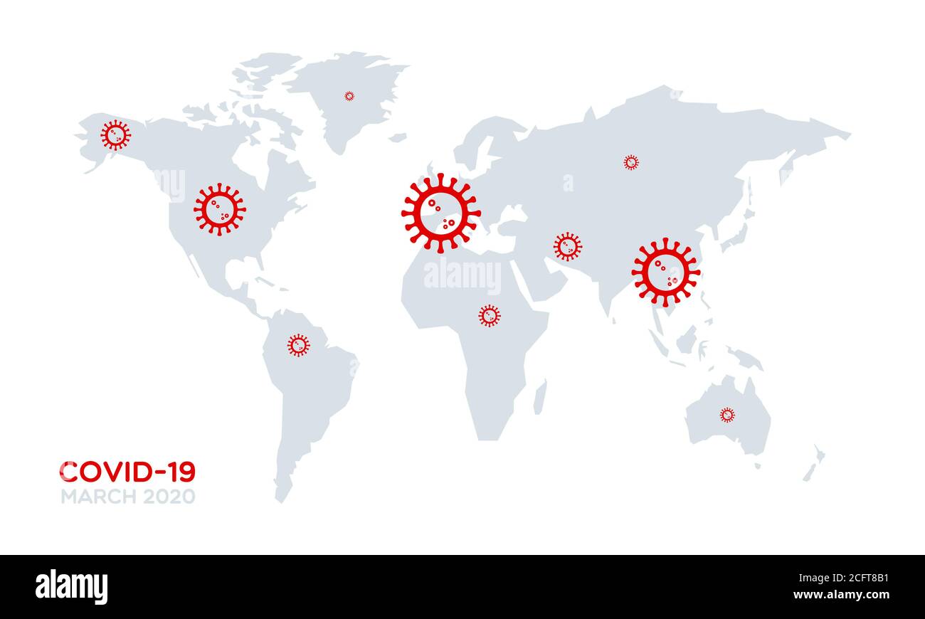 Covid-19 Weltkarte. Erkrankungen des Coronavirus. März 2020. Globale Pandemie. Vektorgrafiken, flaches Design Stock Vektor