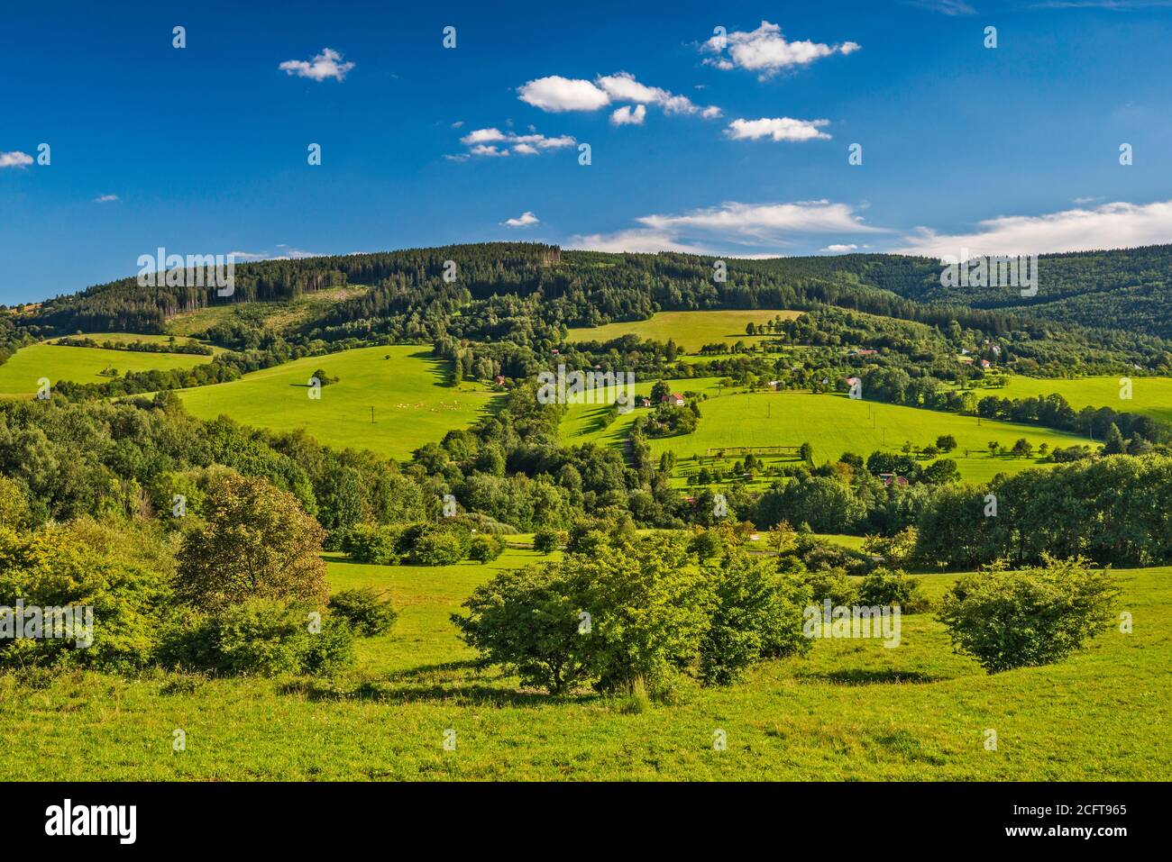 Hügel in den Weißen Karpaten, Blick von der Straße in der Nähe von Dorf Lopenik, Zlin Region, Slovacko (Mährische Slowakei), Tschechische Republik Stockfoto