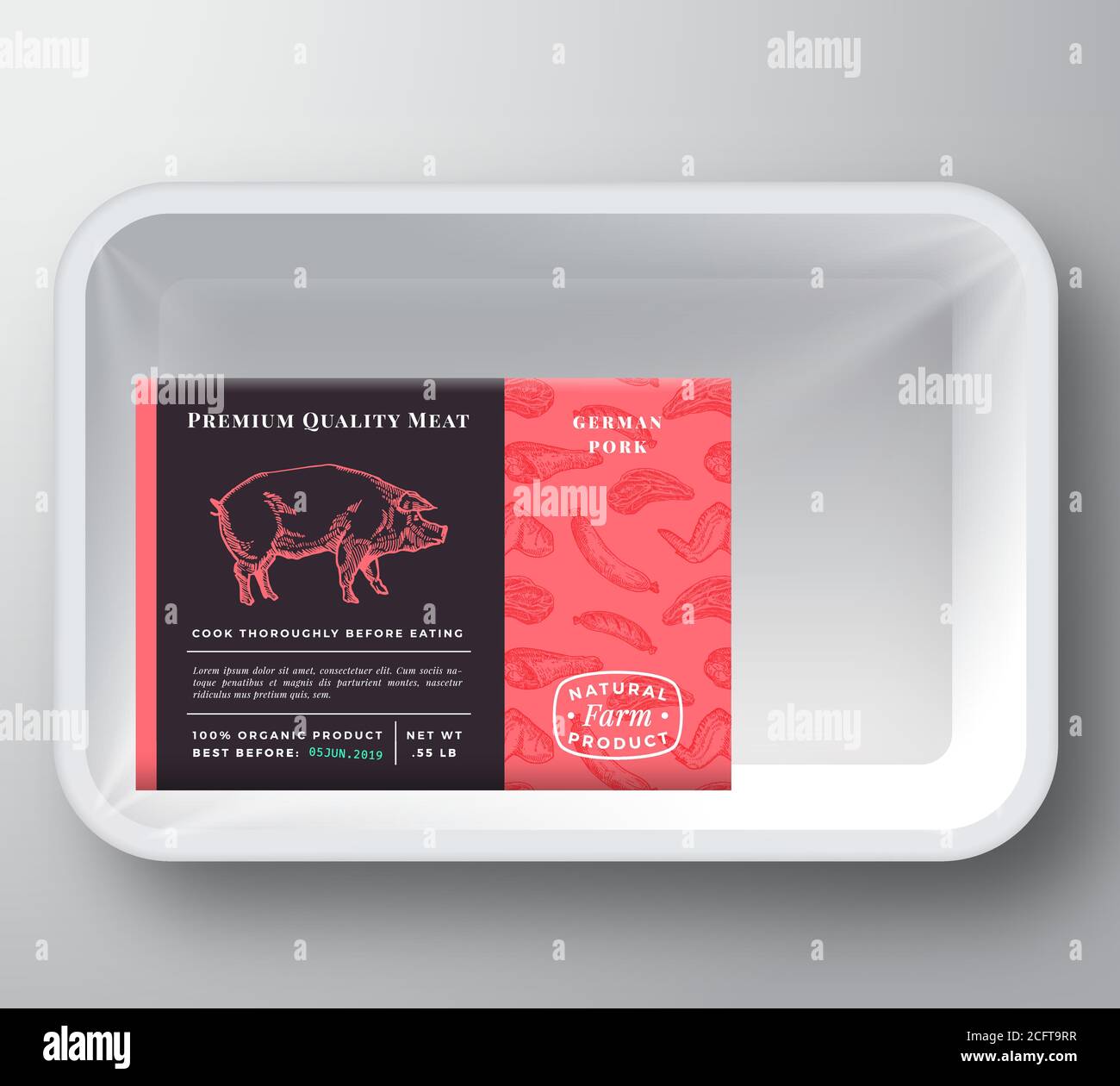 Schweinefleisch Abstrakten Vektor Kunststoff Tablett Container Cover.  Premium-Qualität Fleisch Verpackung Design Label Layout. Handgezeichnetes  Schwein, Steak, Wurst, Flügel und Beine Stock-Vektorgrafik - Alamy