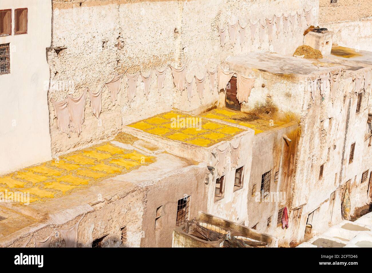 Tierhäute trocknen auf Dächern in der Gerberei in Fez, Marokko Stockfoto
