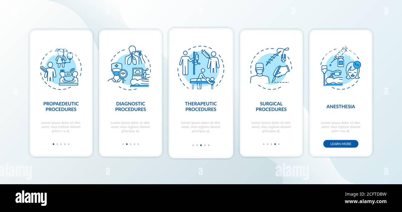 Medizinische Verfahren Typen Onboarding mobile App Seite Bildschirm mit Konzepten Stock Vektor