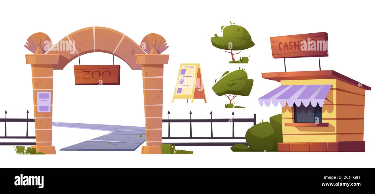 Zoo im Freien Wildtiere Park gesetzt. Tore mit hölzernen Schild, Metallzäune und Steinsäulen, Kassierer Kabine, Eingang Banner und grünen Busch isoliert auf weißem Hintergrund Cartoon-Vektor-Illustration Stock Vektor
