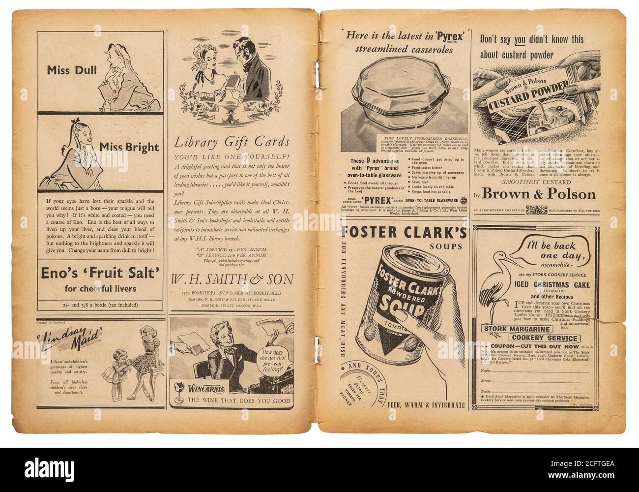 Zeitungsseite mit englischem Text und Vintage-Werbebildern. Alte britische Zeitschrift von 1947 Stockfoto