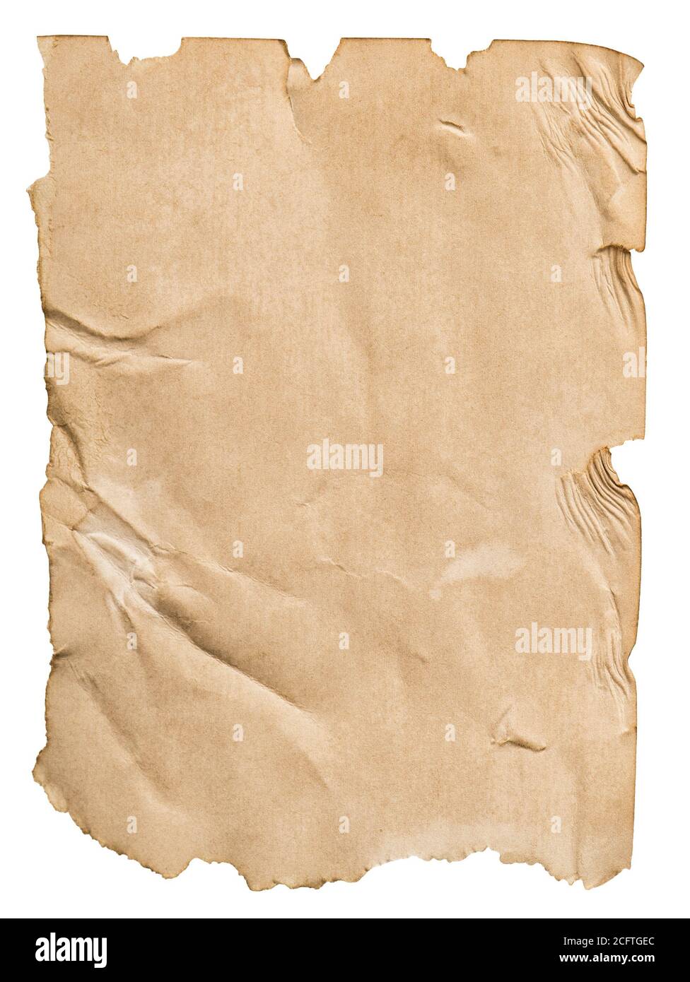 Altes Papierblatt mit abgerissenen Kanten isoliert auf weißem Hintergrund Stockfoto