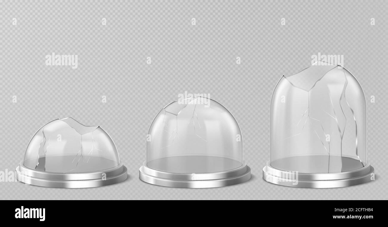 Zerbrochene Glaskuppeln auf silbernem Podium. Vektor realistische Nachbildung von leeren klaren Acryl-Glocke Gläser mit Rissen und Löchern. Beschädigte Schneebälle auf Metallständer isoliert auf transparentem Hintergrund Stock Vektor