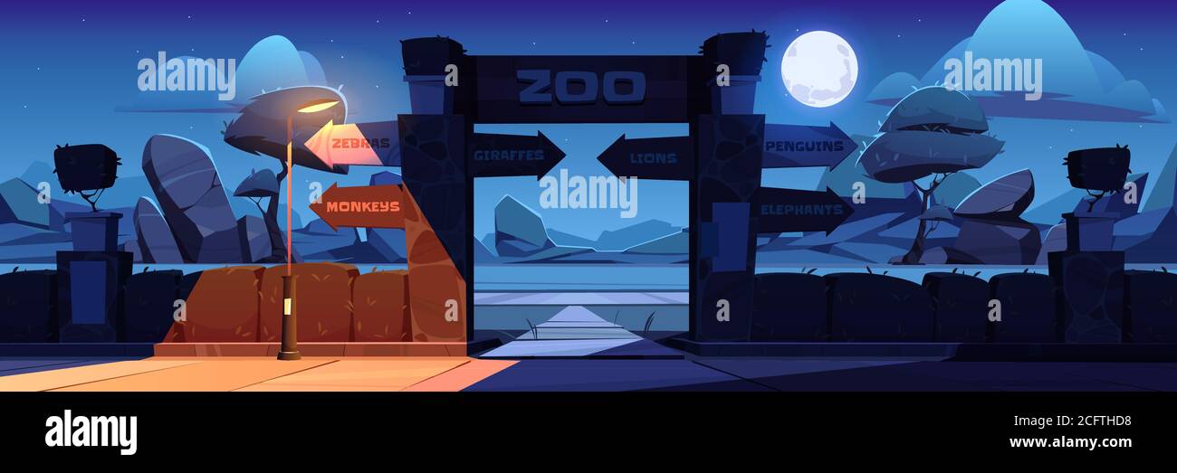 Zoo Eingang mit Holzbrett auf Bogen in der Nacht. Vektor-Cartoon-Landschaft mit Eingangstoren zu zoologischen Garten, Richtungszeichen zu verschiedenen Tieren, Steinen, Bäumen und Mond in Himmel Stock Vektor