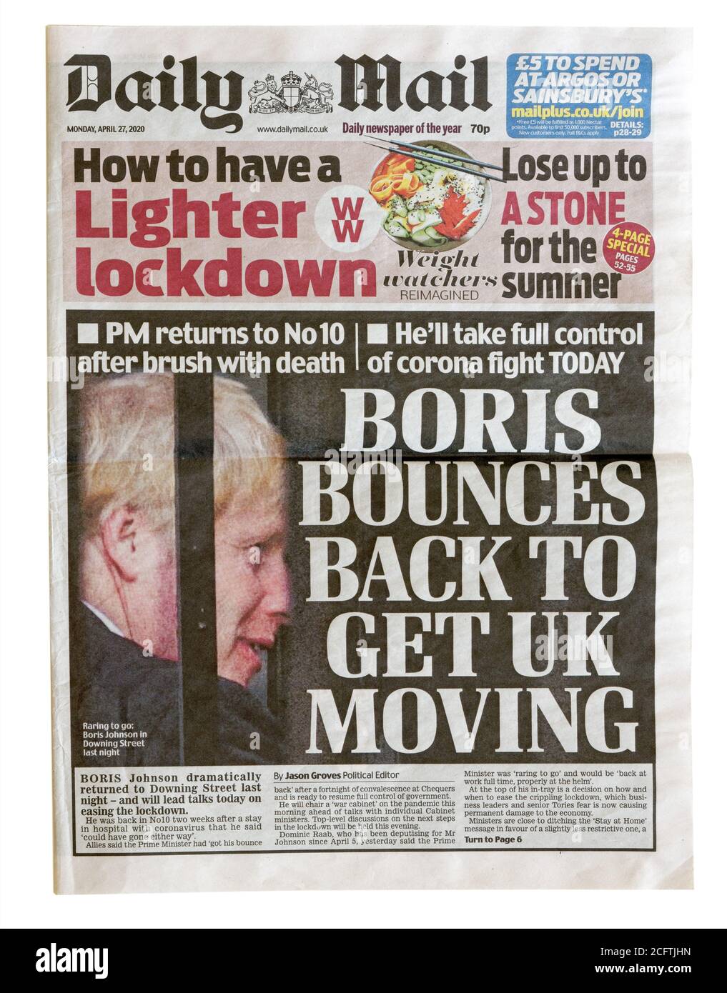 Die Titelseite der Daily Mail vom April 2020 Mit der Schlagzeile springt Boris zurück, um Großbritannien in Bewegung zu bringen Stockfoto