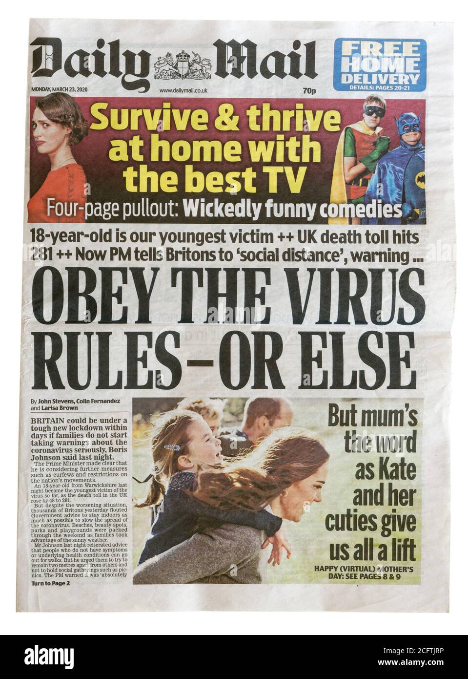 Die Titelseite der Daily Mail vom März 2020 Mit dem HeadlineObey den Virus-Regeln oder sonst Stockfoto