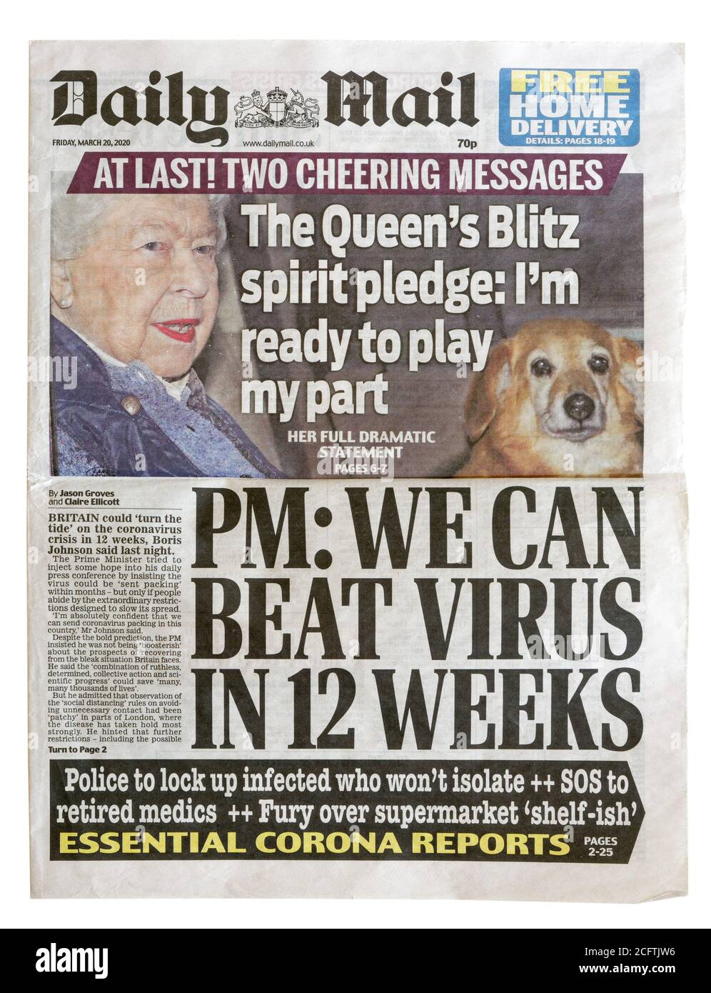 Die Titelseite der Daily Mail vom März 2020 mit der Überschrift PM: We Can Beat the Virus in 12 Wochen Stockfoto