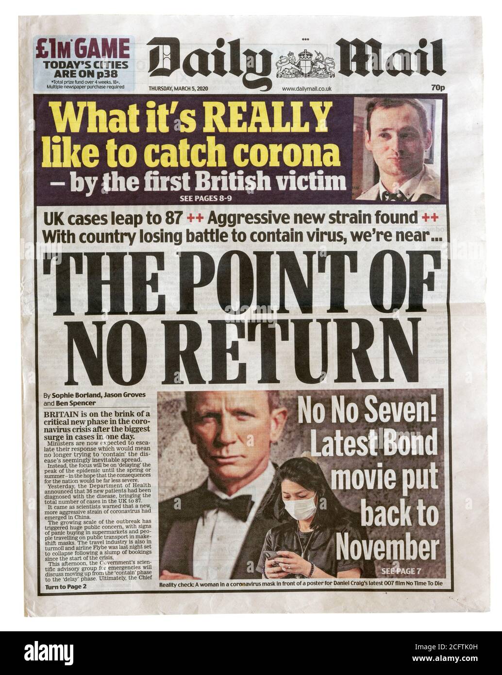 Die Titelseite der Daily Mail vom März 2020 Mit der Überschrift The Point of No Return Stockfoto