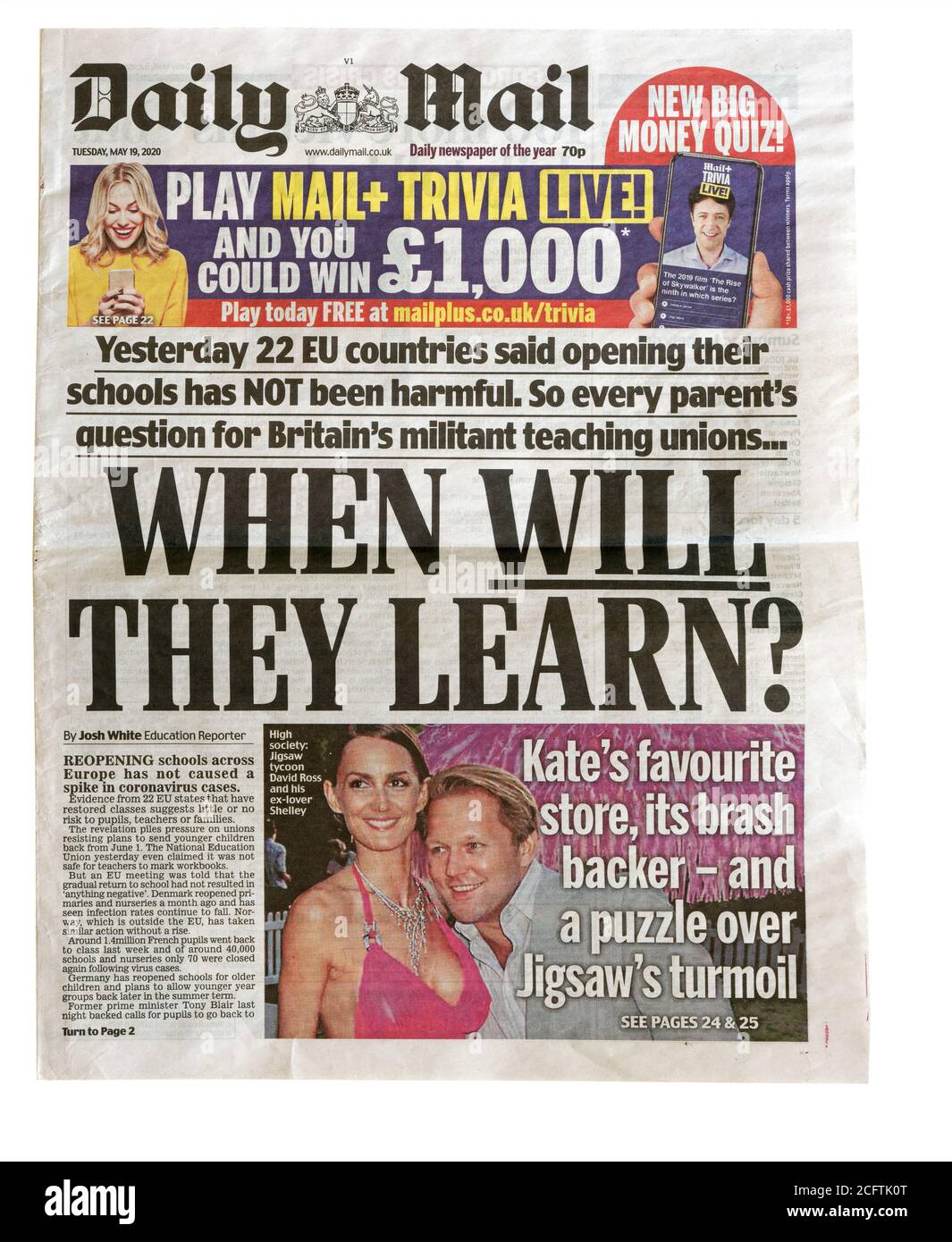 Die Titelseite der Daily Mail vom Mai 2020 mit der Überschrift When will they Learn, über die Weigerung, Schulen wieder zu eröffnen Stockfoto