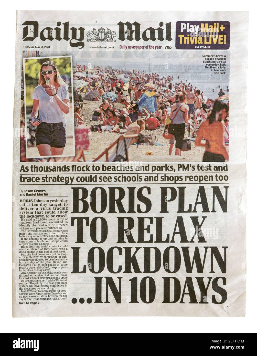 Die Titelseite der Daily Mail vom Mai 2020 Mit der Überschrift Boris Plan to Relax Lockdown in 10 Tage Stockfoto