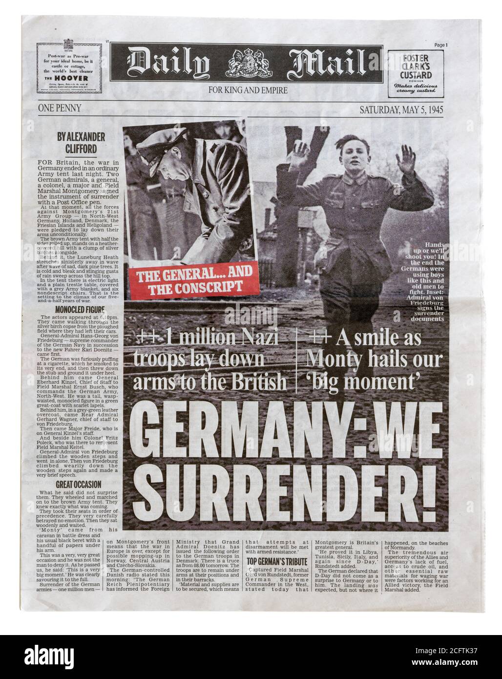 Die Titelseite der Daily Mail vom 5. Mai 1945 mit der Überschrift Deutschland: Wir geben auf Stockfoto