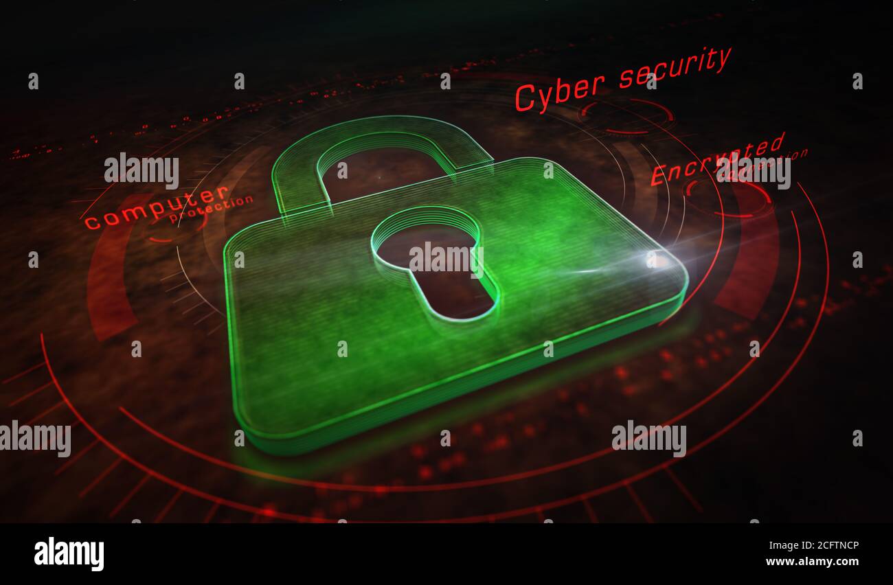 Cyber-Sicherheit, Computerschutz, digitale Sicherheitstechnik mit Metallsymbolen für Vorhängeschloss. Abstraktes Konzept 3d Rendering Illustration. Stockfoto