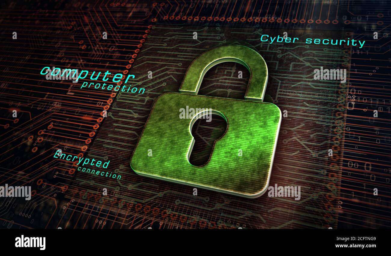 Cyber-Sicherheit, Computerschutz, digitale Sicherheitstechnik mit Metallsymbolen für Vorhängeschloss. Abstraktes Konzept 3d Rendering Illustration. Stockfoto