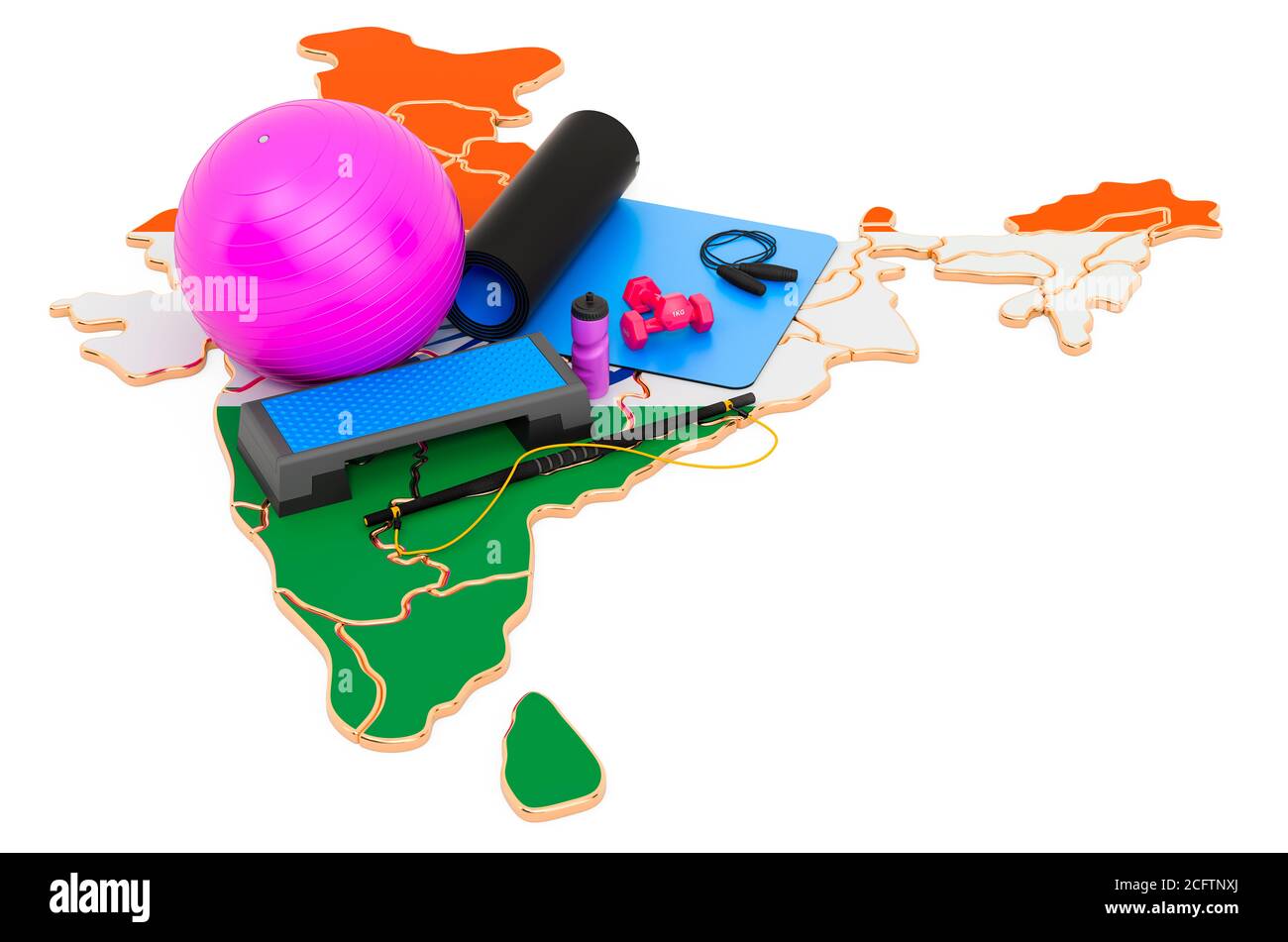 Fitness in Indien. Fitnessgeräte auf der indischen Karte. 3D-Rendering auf weißem Hintergrund isoliert Stockfoto