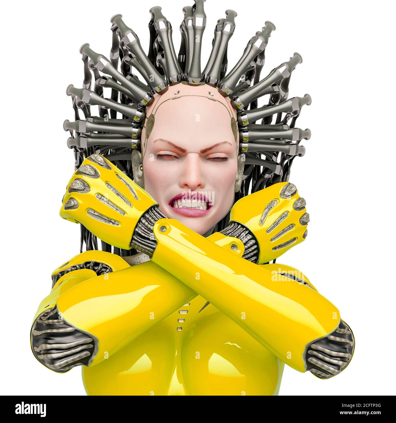 Super Cyborg ist wütend und das Gefühl bereit für Krieg Nahaufnahme, 3d-Illustration Stockfoto