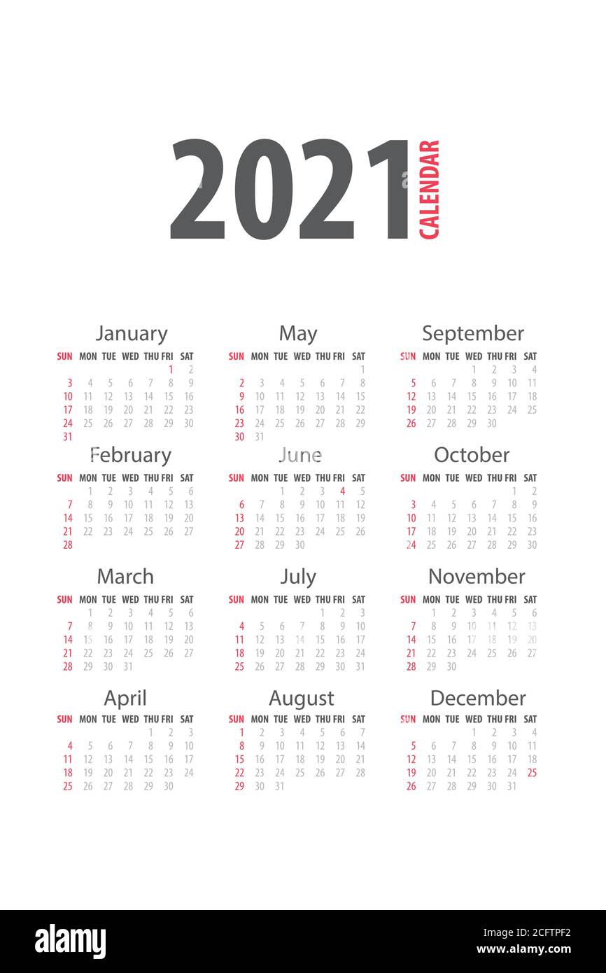 2021 Monatskalender Vorlage isoliert weiße Farbe Stock Vektor