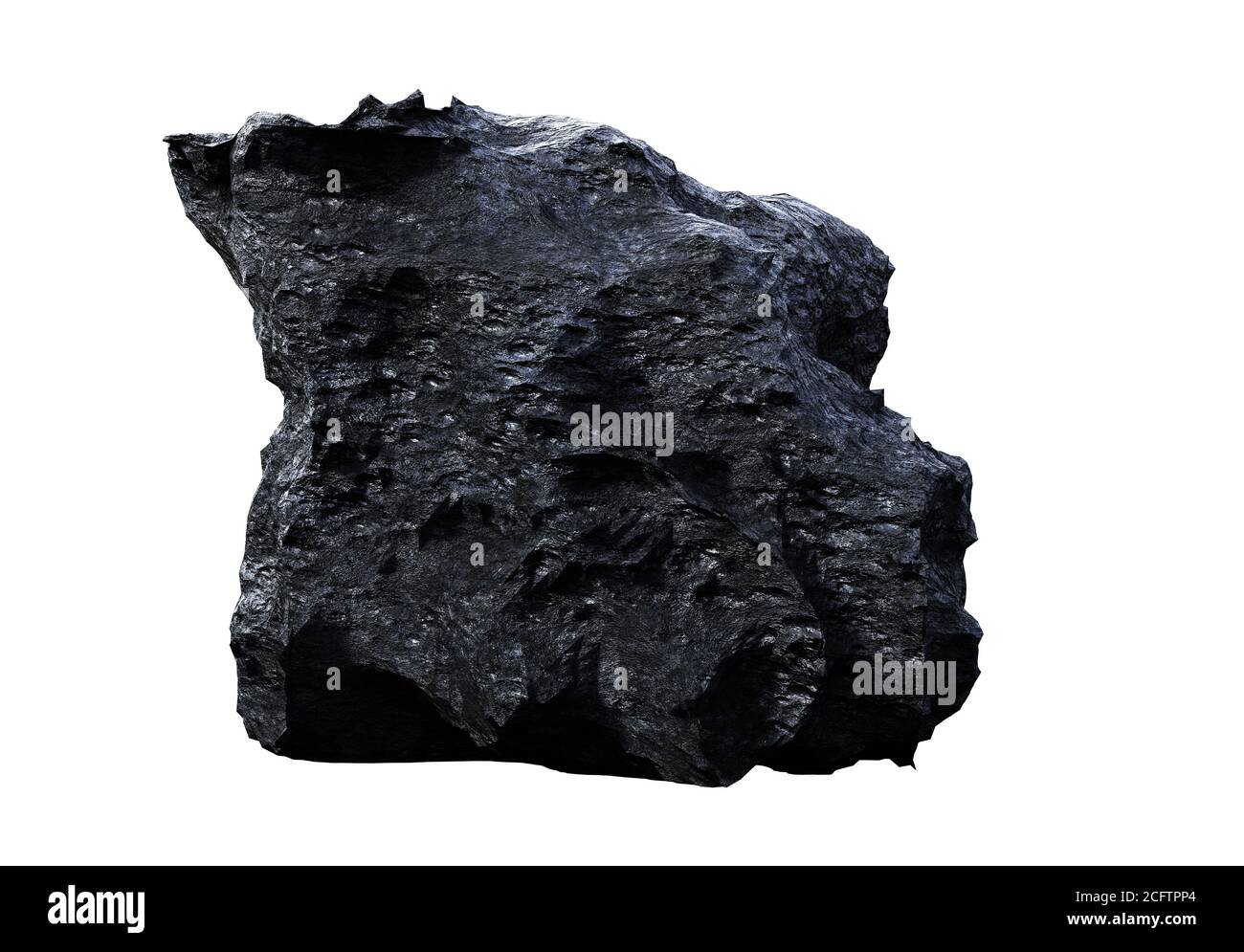 Dunkler und ungewöhnlicher Fels isoliert auf weißem Hintergrund Stockfoto