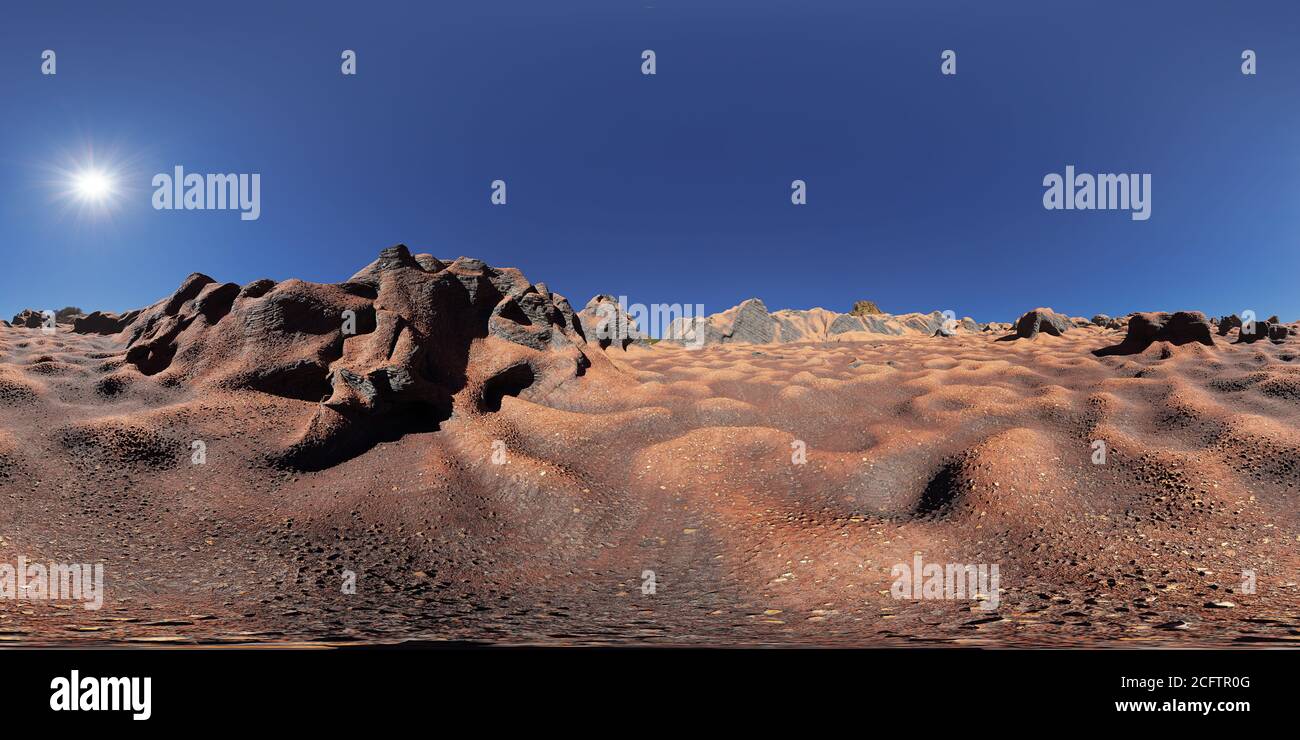 Planetenoberfläche Mars, 8K HDRI-Karte, sphärischer Panorama-Hintergrund, Lichtquellenumgebung (3d equirectangulant Rendering) Stockfoto